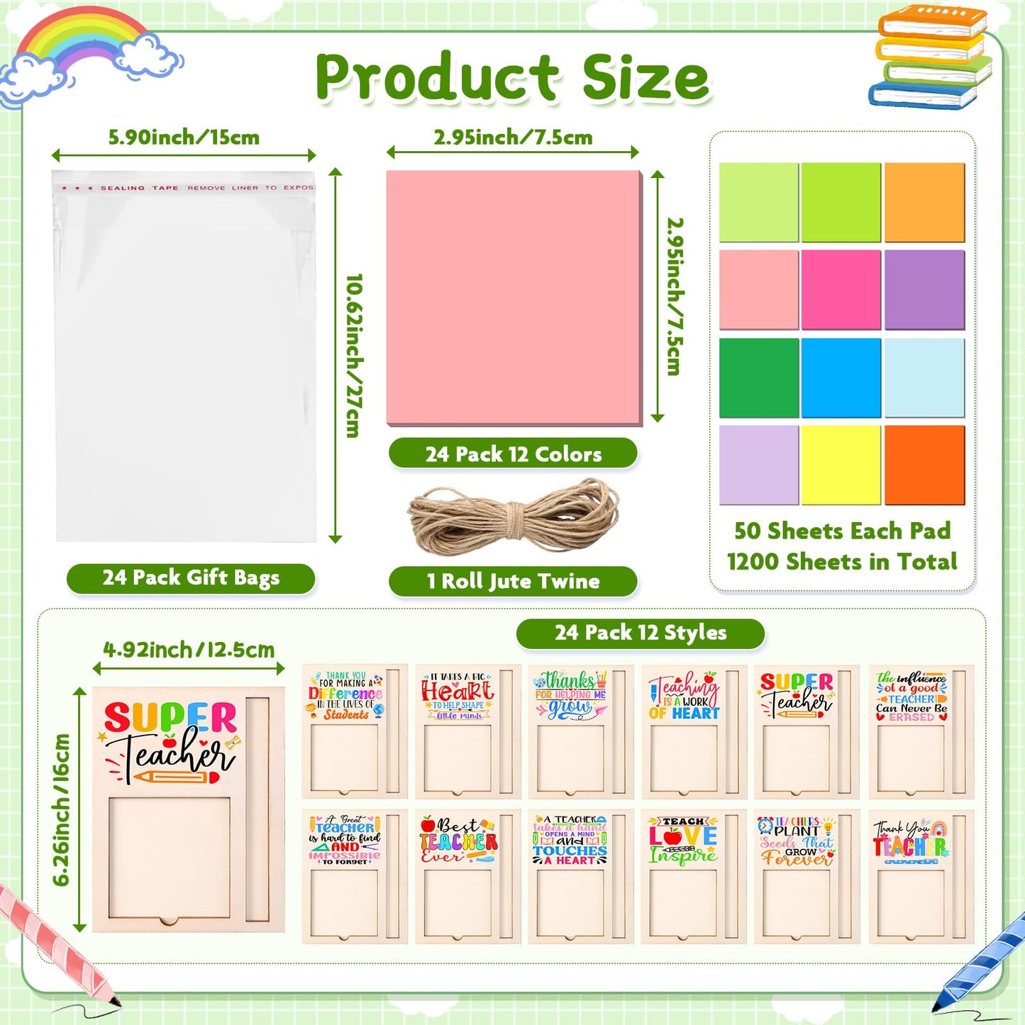 24 Set Teacher Appreciation Gifts Bulk Sticky Notes with Ballpoint Pens and Wooden Pad Holder, Appreciation Sticky Note Organizer Thank You Gifts for Teacher Coworker Nurse Office Supplies
