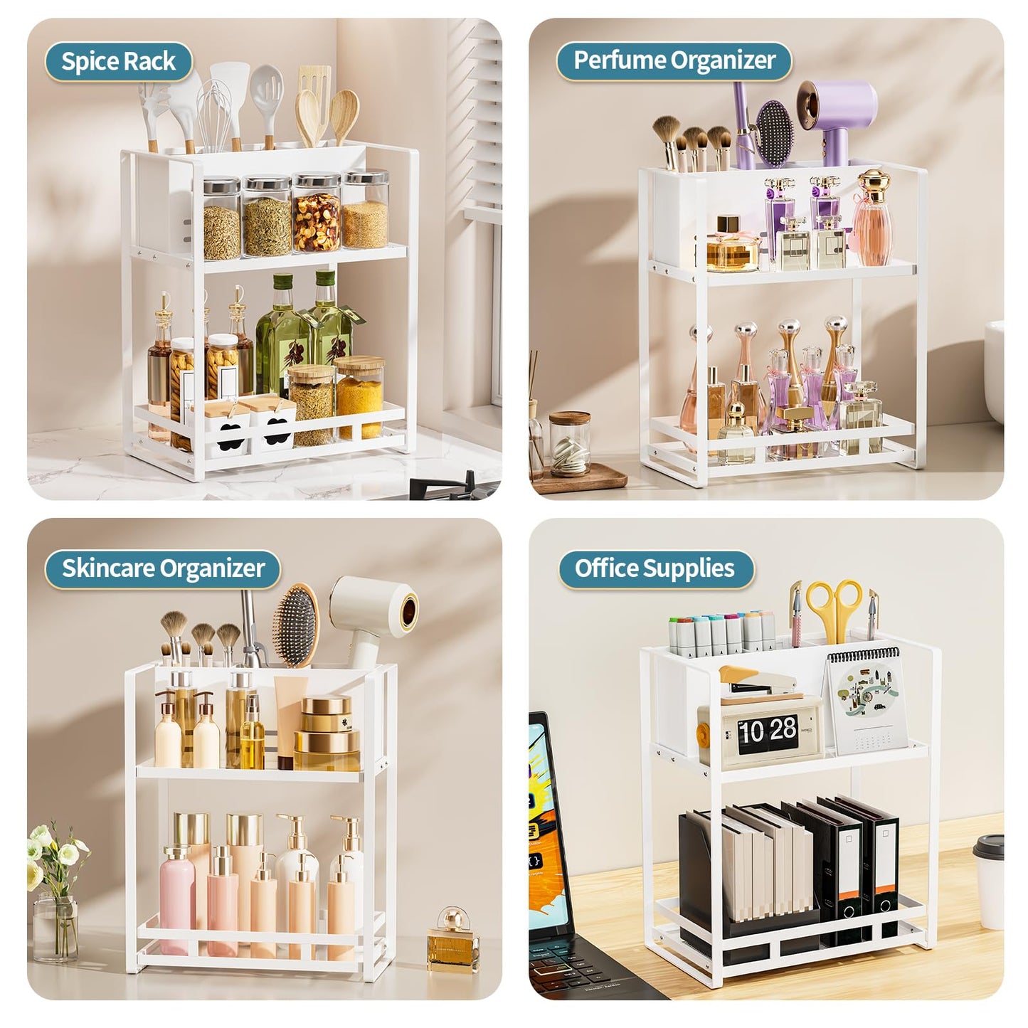 SanDream Hair Tool Organizer Bathroom Countertop, 2-Tier Metal Bathroom Organizer with Blow Dryer Holder, Large Capacity Space-Saving Vanity Shelf for Perfume, Skincare & Makeup Storage (White)