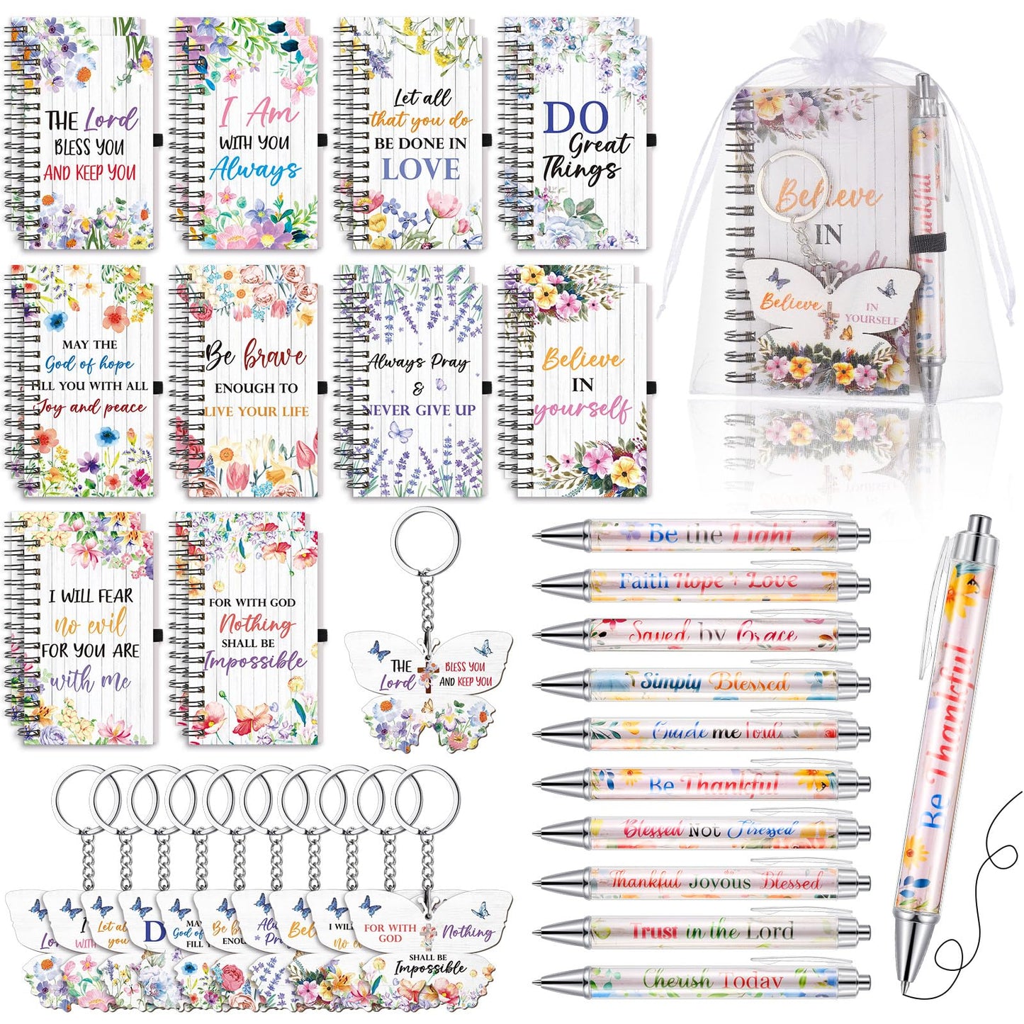 Dispowreath 80 Pcs Christian Gifts Bulk for Women Mother's Day Bible Verse Notebooks Ballpoint Pens Keychains with Organza Bags Inspirational Religious Scripture Gifts for Church Prayers Party Favors