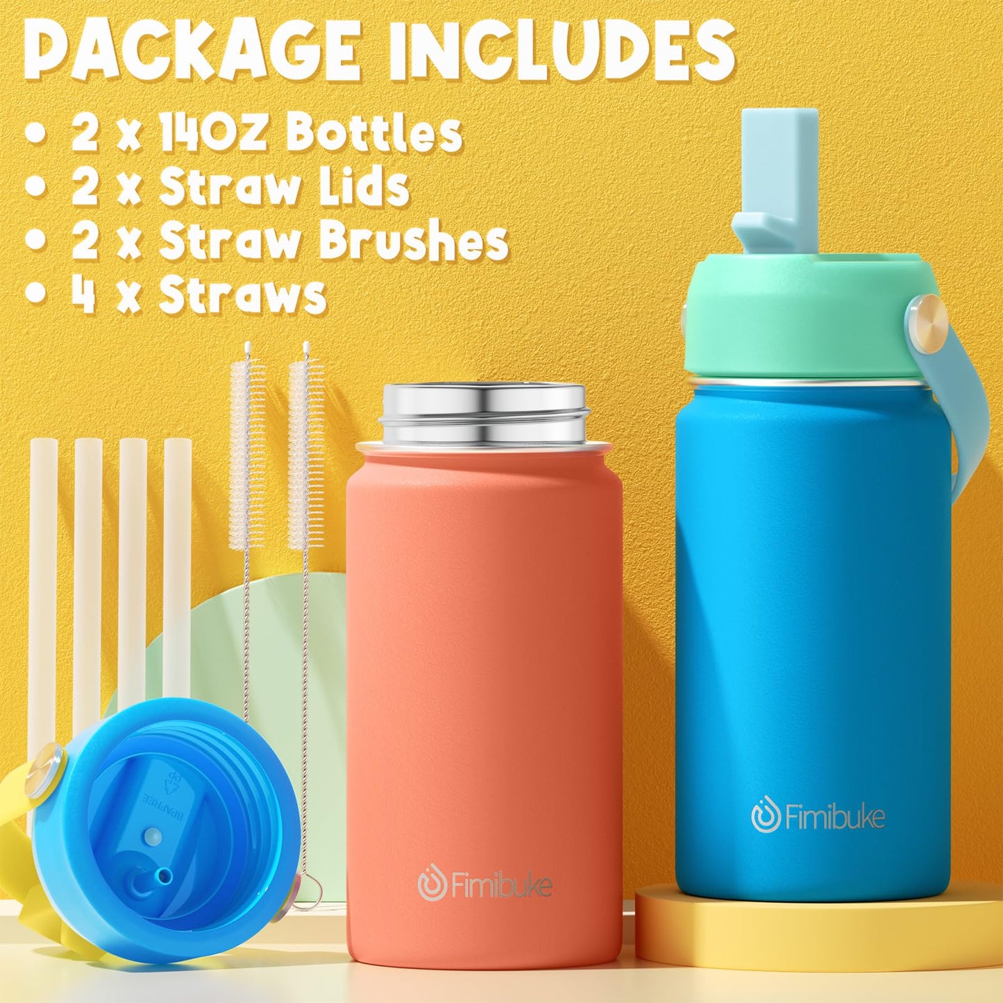 Fimibuke Kids Insulated Water Bottle, 14oz BPA FREE Double Wall Vacuum Tumbler 18/8 Stainless Steel Leak Proof Kids Cups with Straw Metal Water Bottle for School Boys Girls (2 Pack, Ocean Life)