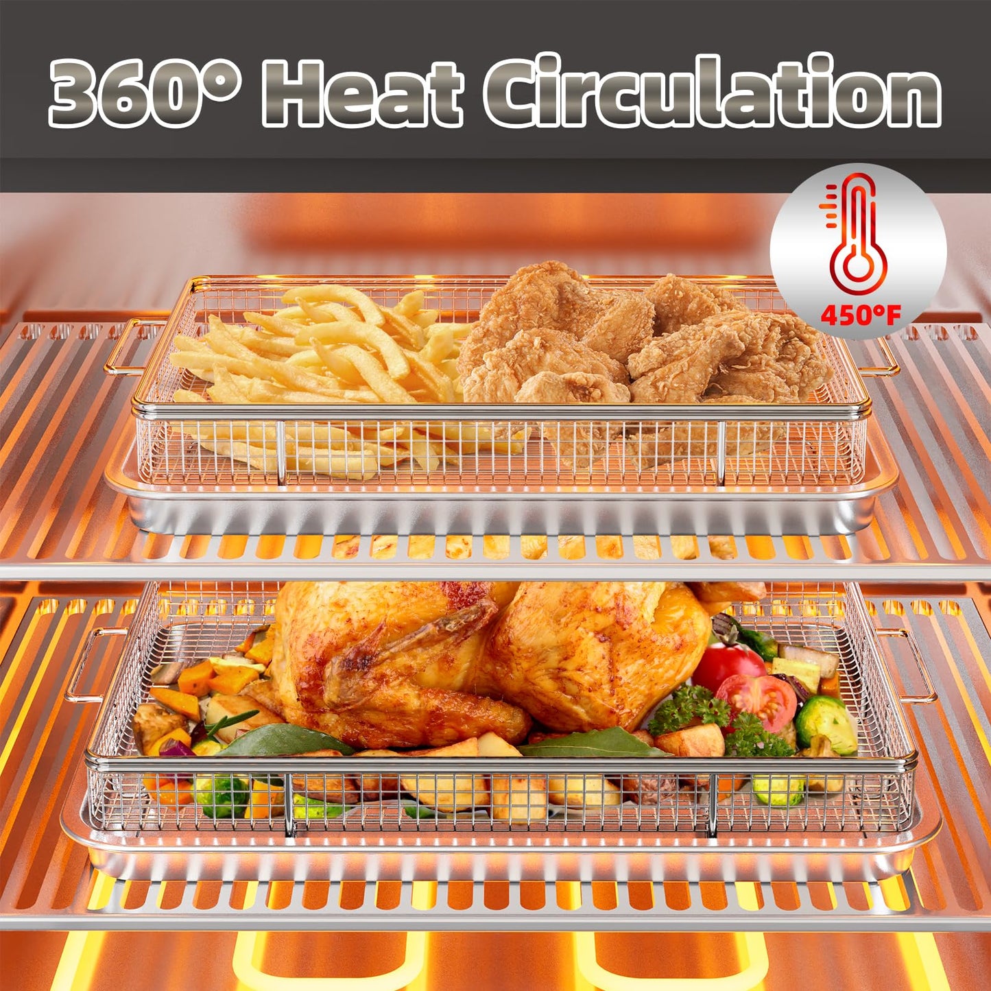 Air Fryer Basket for Oven, 25% Thicker, OPENICE 2 Set Oven Air Fryer Basket and Tray with Magnetic Cheat Sheet, Stainless Steel Air Fryer Pans and Crisper Tray for Convention