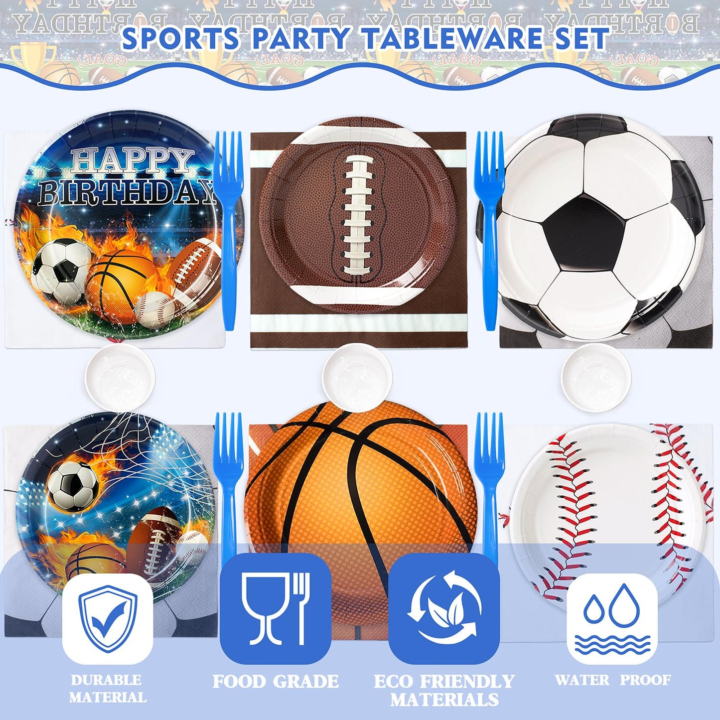 244 Pcs Sports Birthday Party Decorations - Serve 30, All in One Football Basketball Baseball Soccer Party Supplies Kit with Banner, Plates, Napkins, Balloons, Tableware for Boys Sports Themed Party