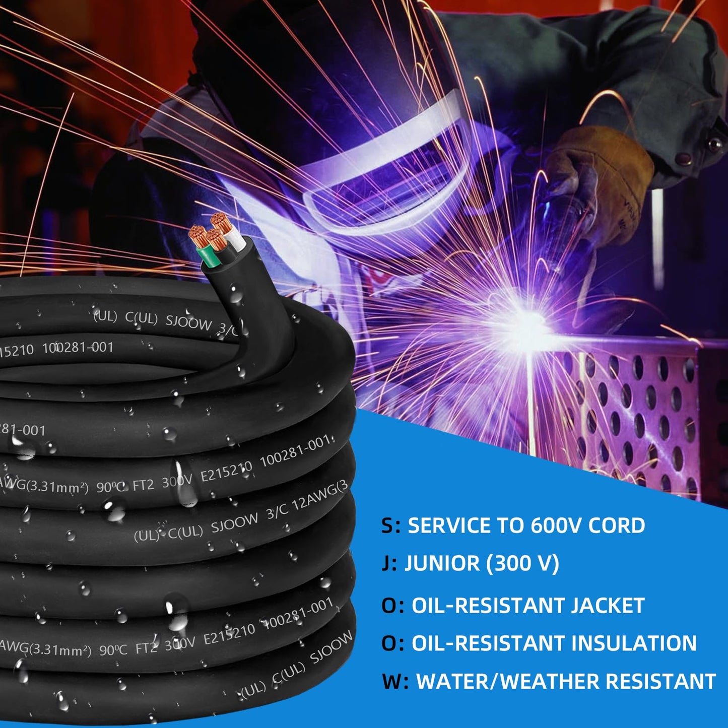 12/3 Wire 12 Gauge SJOOW Wire 12AWG SJOOW Cable Cord Portable Power Cable 12 Gauge 3 Conductor Cord for 20 AMP EV Battery Charger,Portable Light LED,RV Outlet Lead,Garage,Powering Tool Machinery-50ft