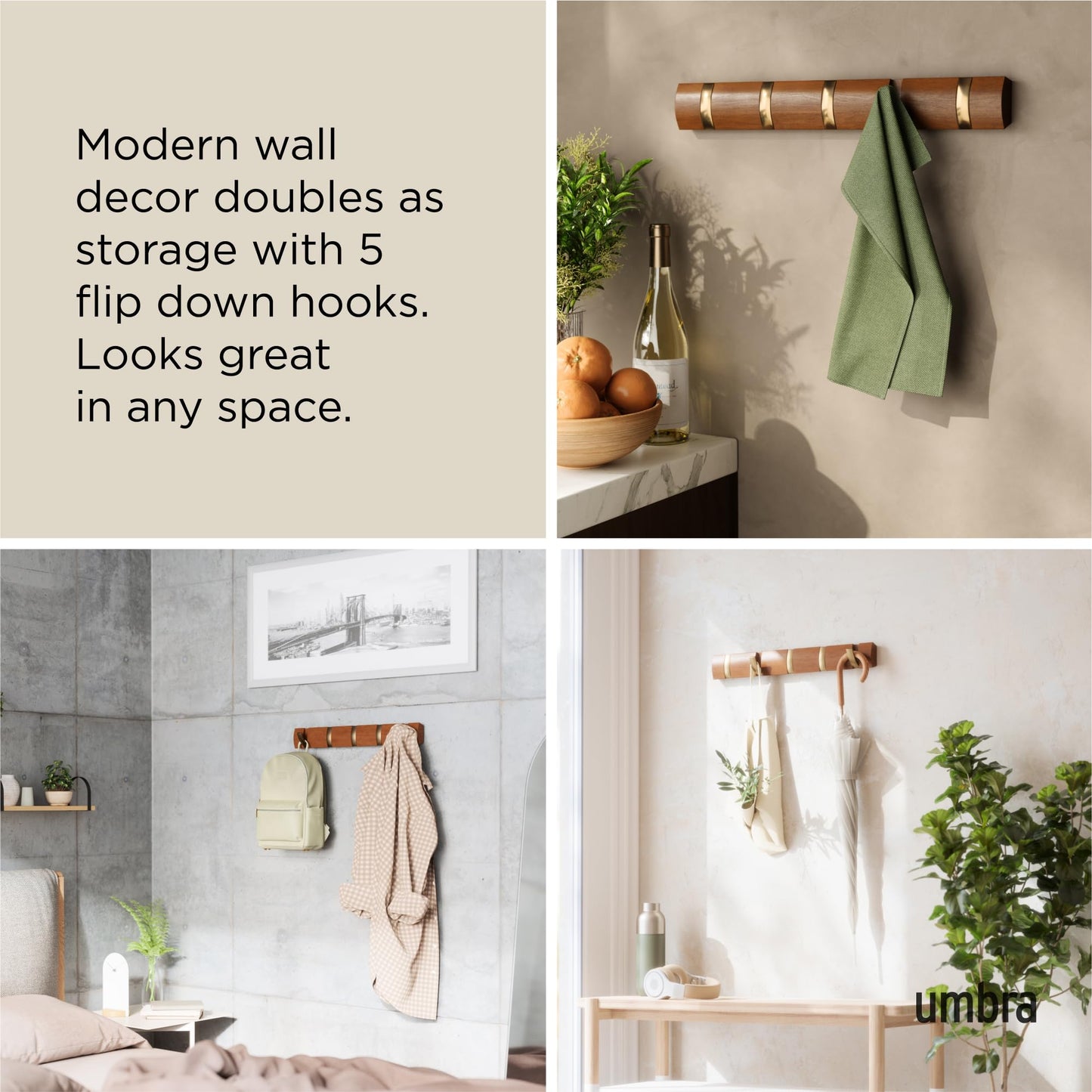 Umbra Flip Wall-Mounted Coat Rack with 5 Hooks – Modern, Space-Saving Storage for Hats, Jackets, Bags, Entryway, Mudroom, Closet, Bathroom, Bedroom – Light Walnut/Gold