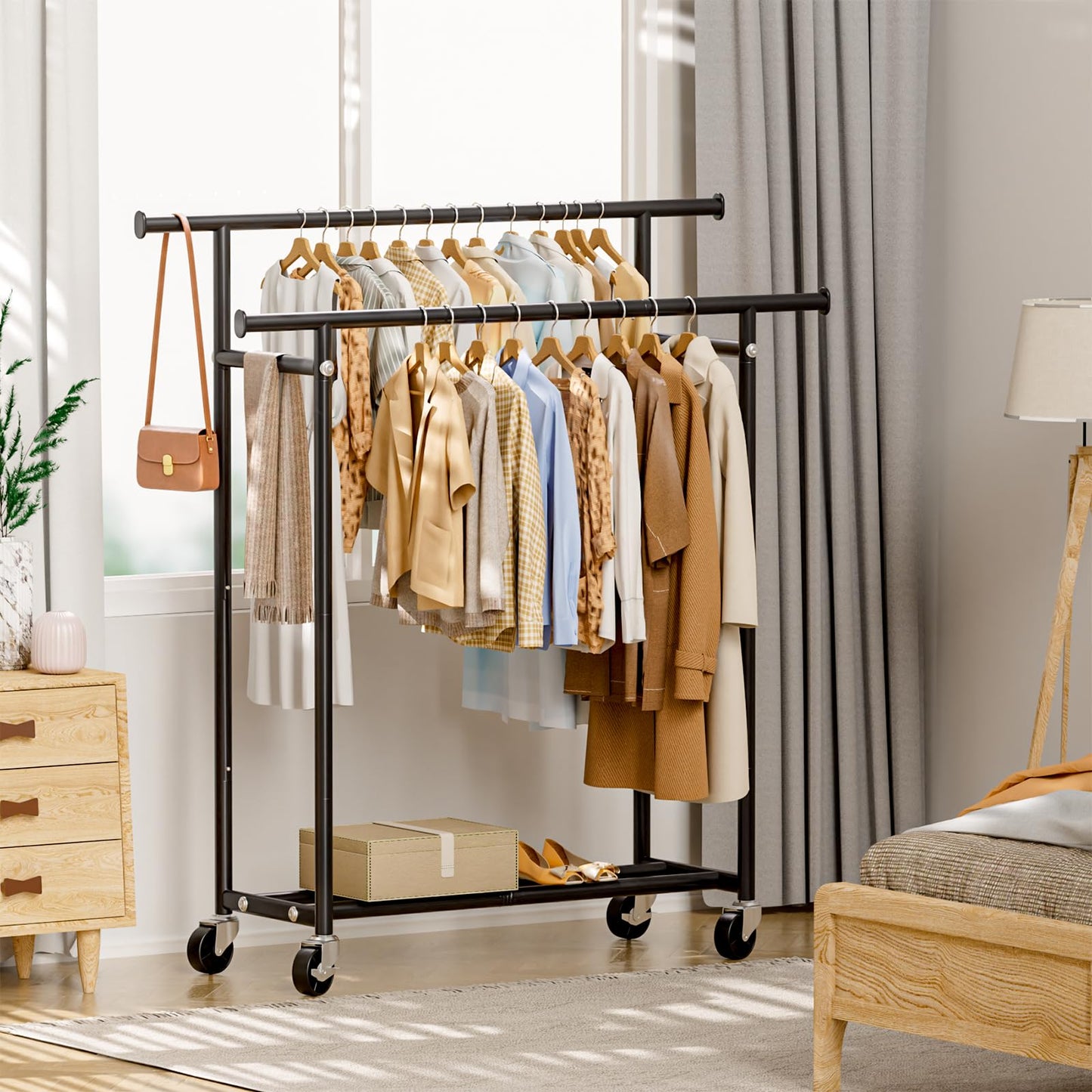 HYSEYY Clothes Rack, Double Rods Rolling Clothing Rack for Hanging Clothes, Portable Garment Rack with Wheels, Coat Rack Wardrobe Closet Load 240 LBS for Bedroom Laundry Room (Black, L)