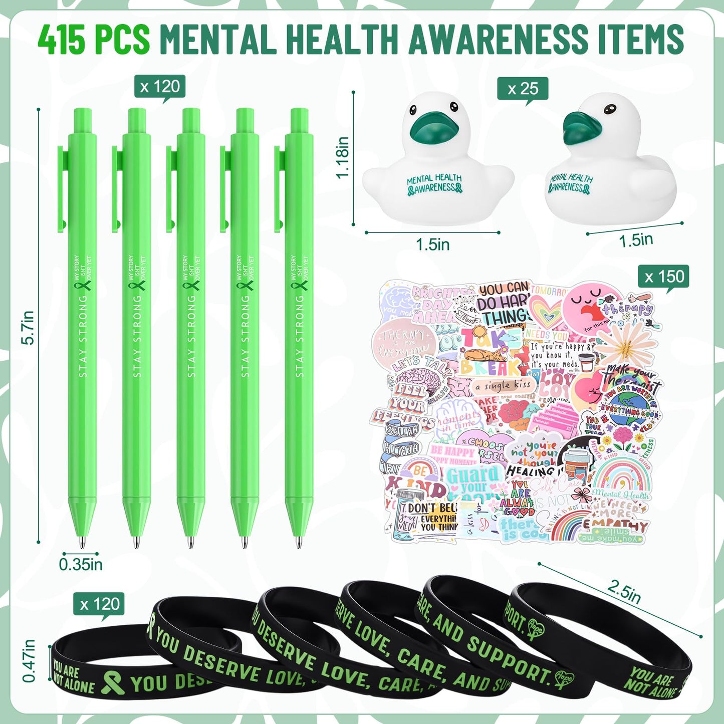 Fuyoooo 415 Pcs Mental Health Awareness Items Gifts Bulk Green Ribbon Bracelets Pens Rubber Ducks with Inspirational Stickers for Mental Health Awareness Suicide Prevention Charity Giveaways
