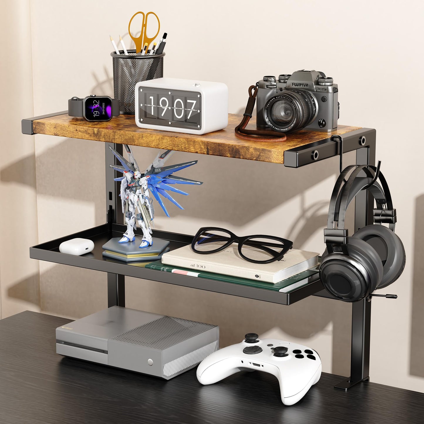 2-Tier Clamp on Desk Shelf, 17" Adjustable Above or Under Desk Shelves Organizer, No Drilling Desktop Storage Shelf with Headphone Holder, Desktop Storage Rack or Office and Gaming Accessories (Brown)