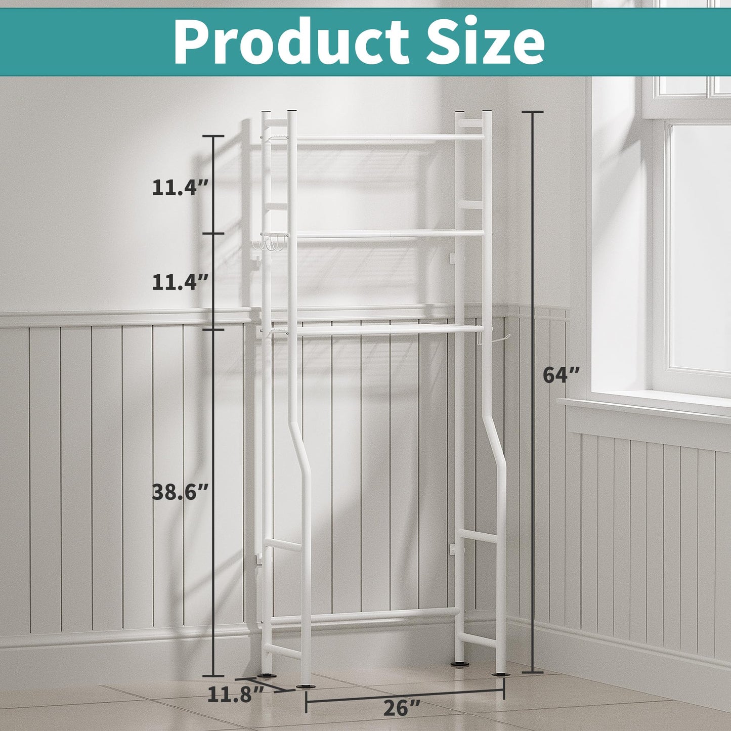 AriseWork 3-Tier Over The Toilet Storage Organizer, Space-Saving Bathroom Rack with Paper Holder & 4 Hooks, 64" Tall Freestanding Carbon Steel Shelf for Small Apartment Laundry Room (White)