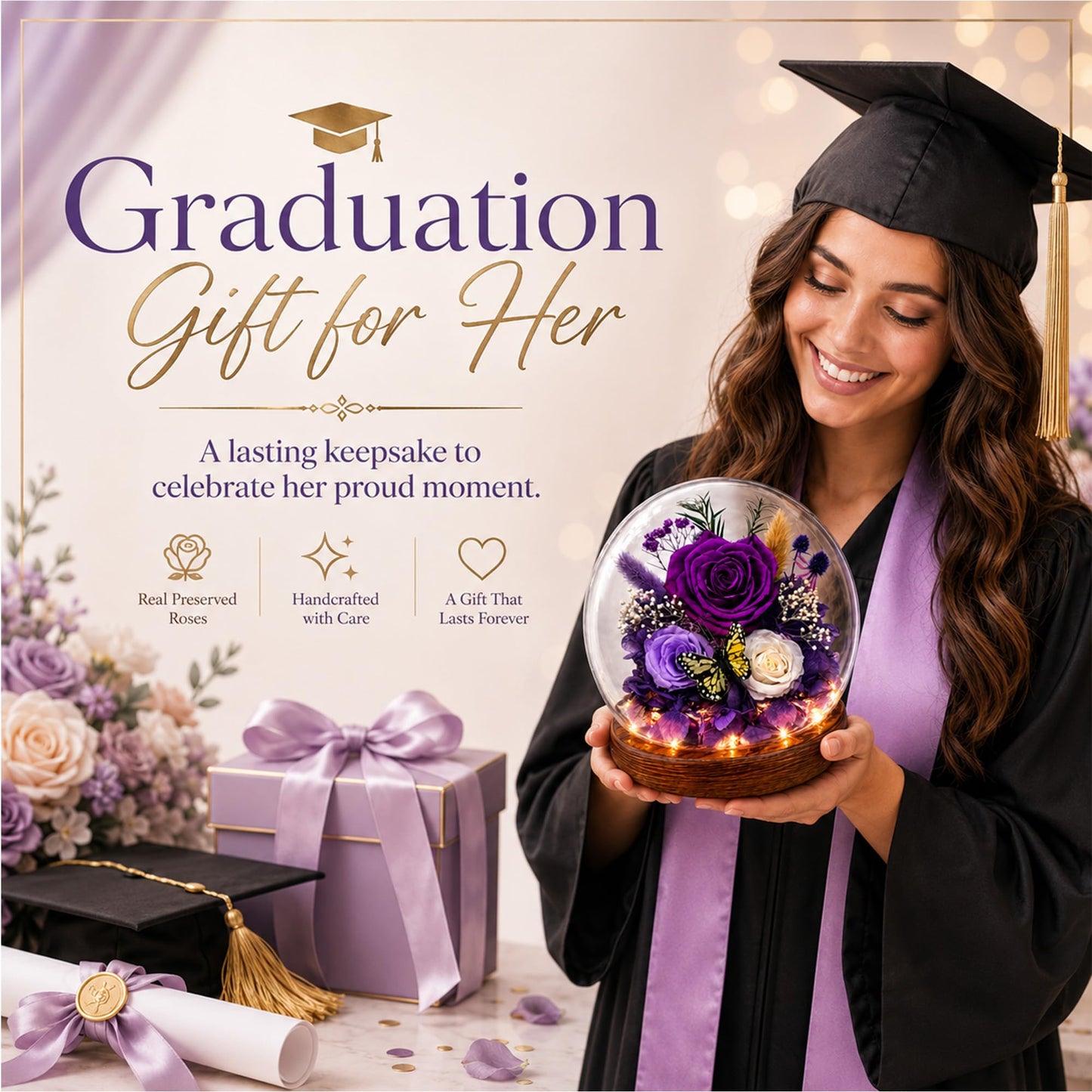 Purple Rose Birthday Gifts for Women | Forever Rose Graduation Gift for Her | Gift for Mom Grandma Sister Daughter Wife Birthday | Fresh Flowers for Delivery Prime Real Flowers in Glass Dome