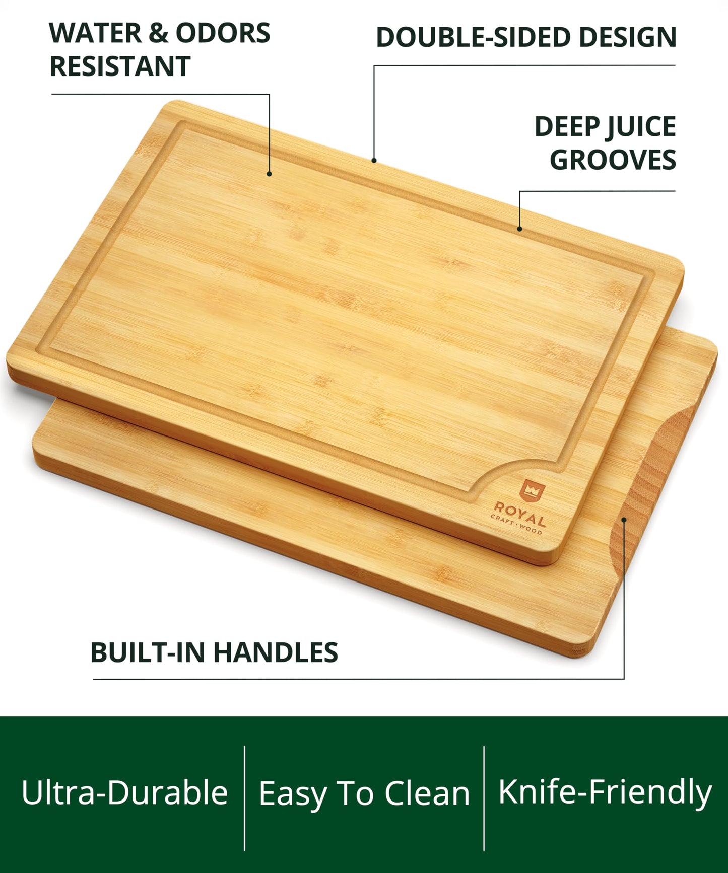 ROYAL CRAFT WOOD Wooden Cutting Boards for Kitchen Meal Prep & Serving - Bamboo Wood Serving Board Set with Deep Juice Groove Side Handles - Charcuterie & Chopping Butcher Block for Meat