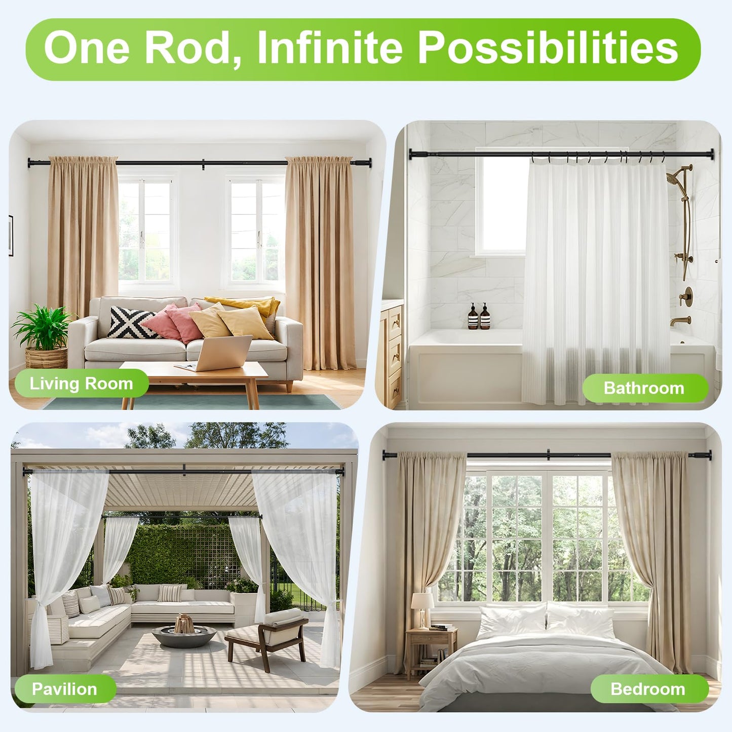Extra Long Tension Rod 41-165inch Heavy Duty Tension Curtain Rods no Drilling Outdoor Curtain Rod for Patio,Windows,Shower,Doorway,Spring Rods Diameter 1.26inch Black