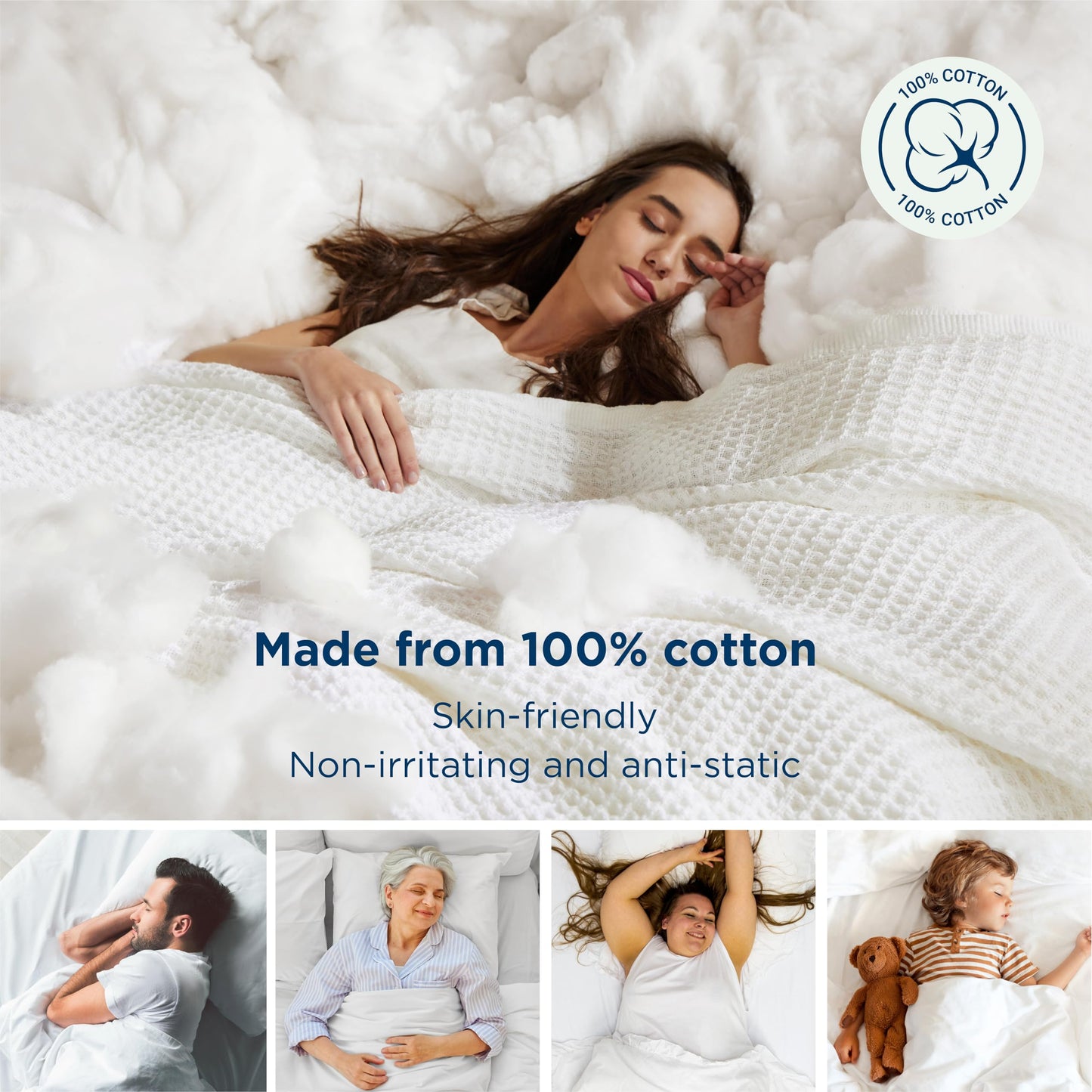 Bedsure Gentlesoft 100% Cotton Blanket Full Size for Bed - Cooling Breathable and Soft for Summer, Thick Cozy Waffle Weave Blanket Gifts for Women, White, 80x90 Inches