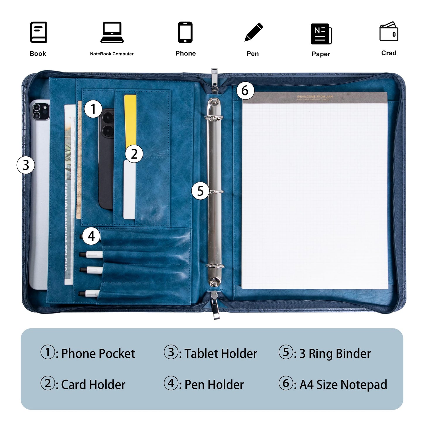 Dark Blue Embossed Vegan Leather Portfolio for Women, 3 Ring Portfolio Binder with Zipper, A4 Planner Binder with Laptop Pocket, Padfolio Legal Size,WorkBinder Organizer for Women