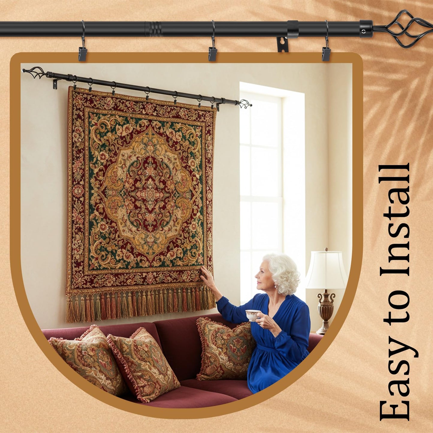 Marsui Tapestry Hanger Telescopic Rod Quilt Hanger for Display Adjustable 32" to 79" Wall Hanging Bar Mounted Quilt Rack Spiral Cap with Clips Iron Rustic Farmhouse Style Bedroom Living Areas (Black)