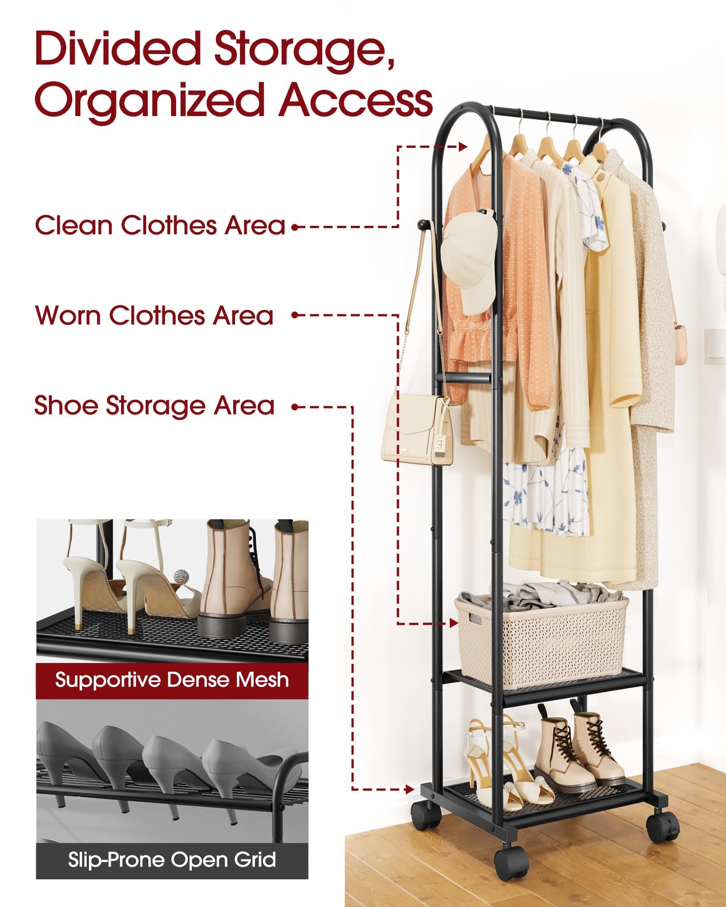 Sakugi Heavy Duty Premium Clothes Rack with 2-Tier Mesh Shoe Shelves & 4 Hooks, Lockable Wheels, Space-Saving, Multi-Functional for Bedroom, Entryway, Closet, Modern Design, 18.4" x 12.6" x 72", Black