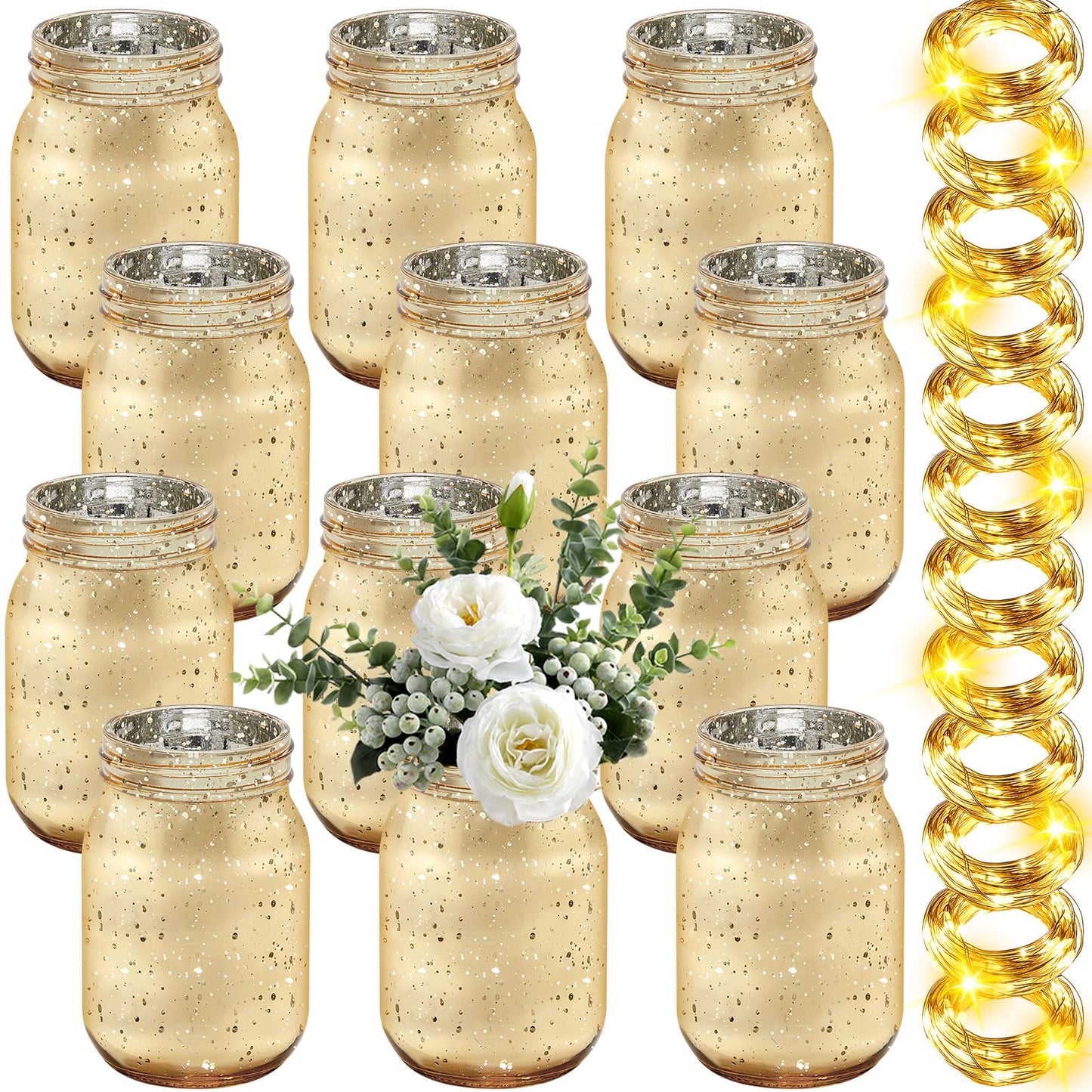 Tioncy 12 Pcs Painted Mason Jars for Table Glass Decorative Jars with 12 Light Strings for DIY, Wedding, Graduation, Bridal Shower, Housewarming, Home Decoration (Gold)