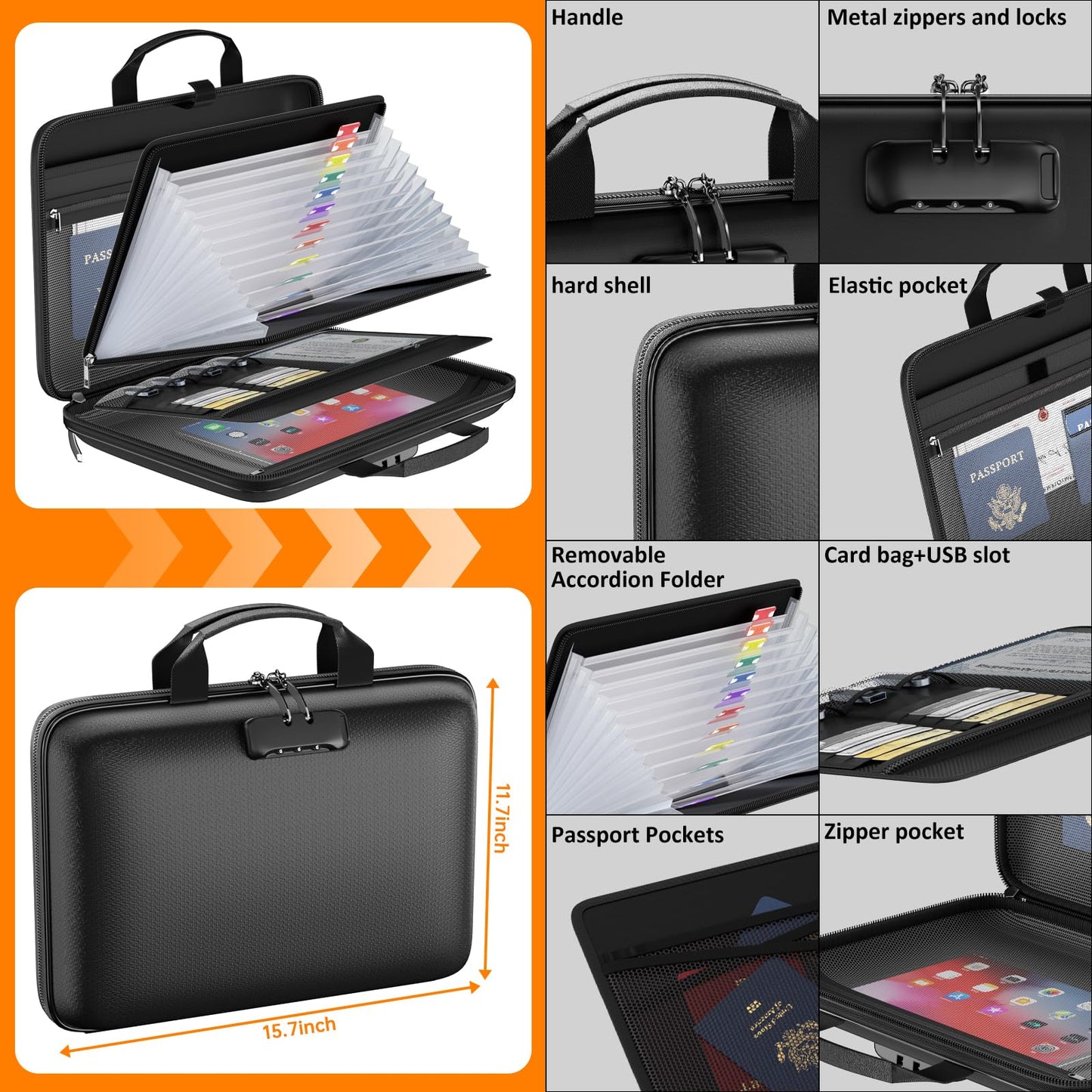 Fireproof File Organizer with Lock, Hard Case Fireproof Document Box with 13 Pockets Accordion File Folder, Important Document Organizer for Letter A4 Files Laptop Passports (Black)