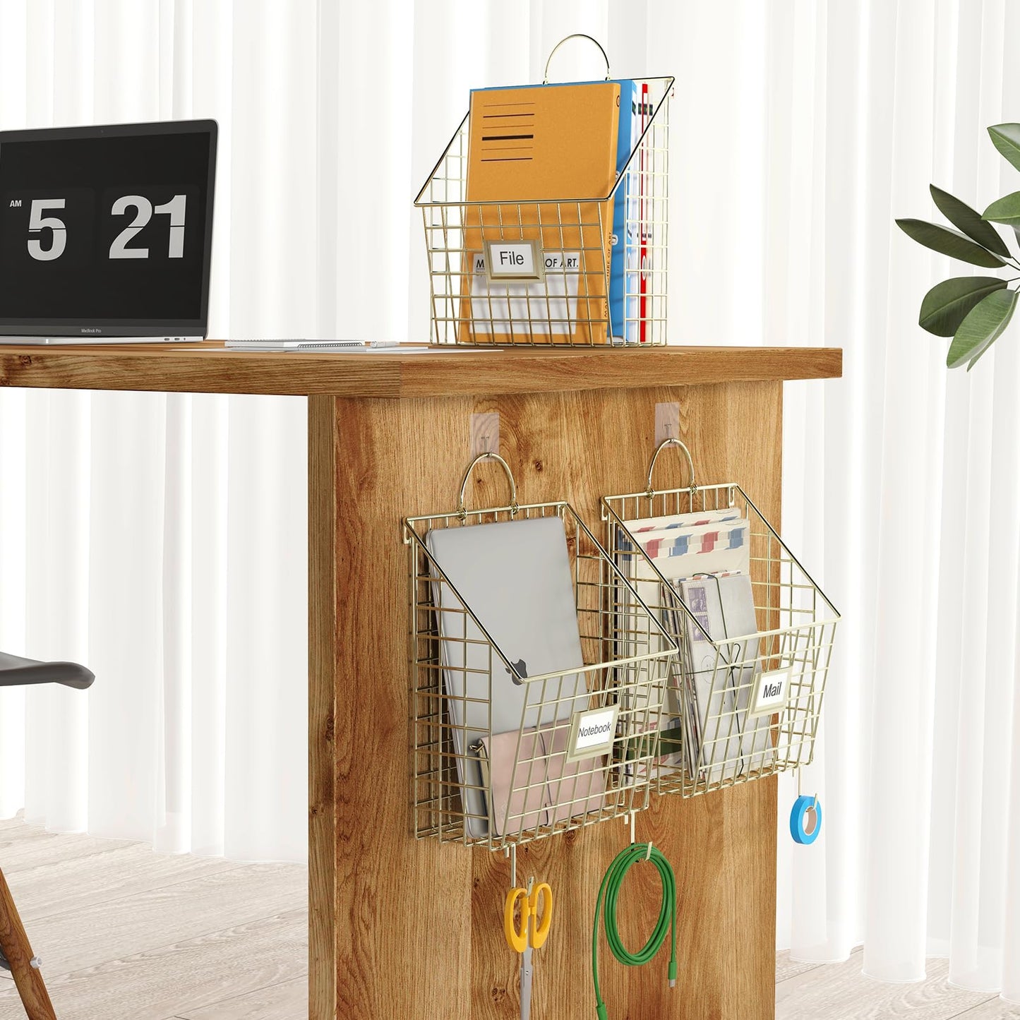Yuzehuaza Wall File Organizer Mesh Hanging Wall Files Holder,Magazine Rack and Mail Basket with Hooks, Office Wall Organizer for Papers Folders Files Clipboard 4 Packs, Gold(Patent Pending)