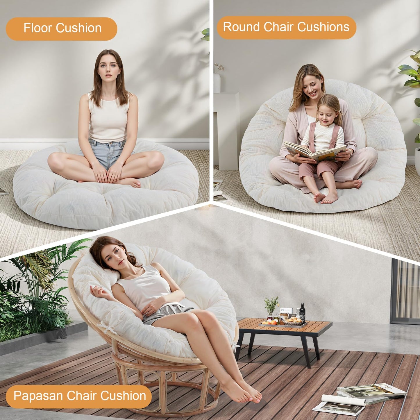 idee-home Papasan Chair Cushion, Circle Papasan Chair Cushion(Cushion Only) with Thick Corduroy Cover, 48 x 48 Inch Cushion for Egg Chair, Beige