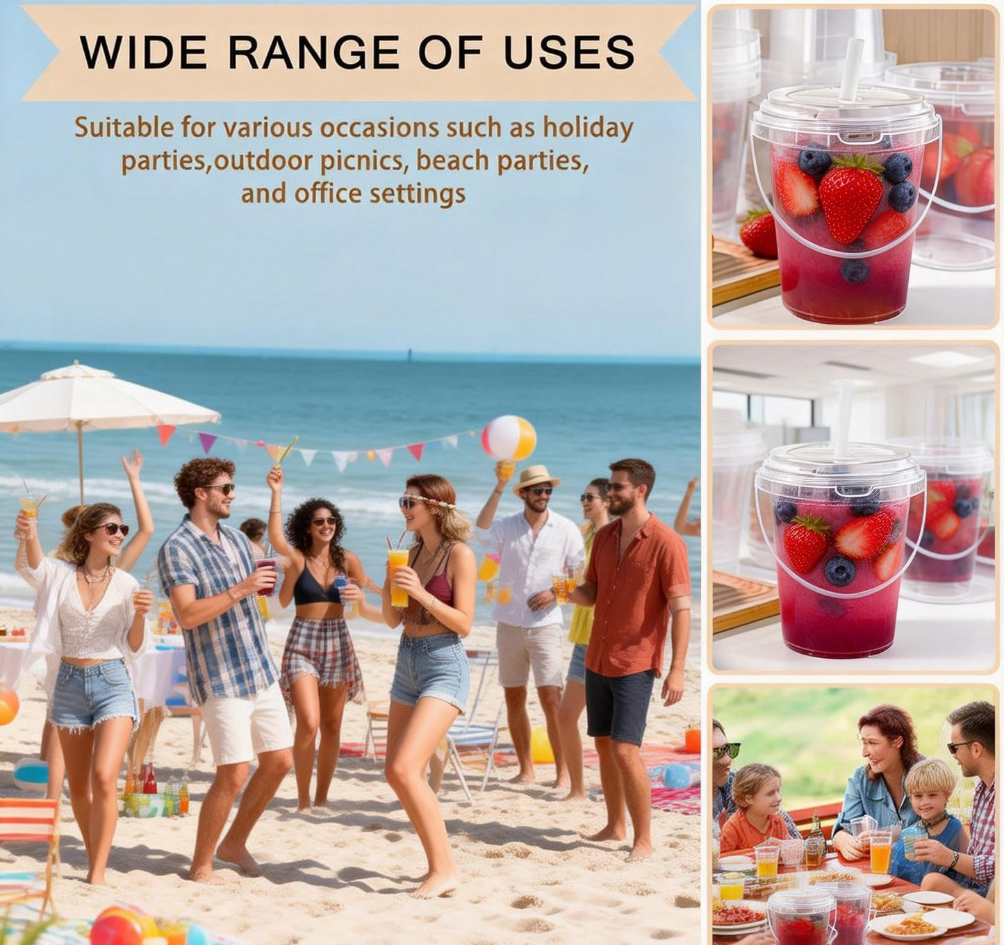 75 Pack Plastic Drink Buckets with Lids and Straws, 24 oz Clear Rum Buckets for Cocktails, Reusable Pails for Drinks, Adult Beach Party and Bar Supplies, BPA-Free Food Grade