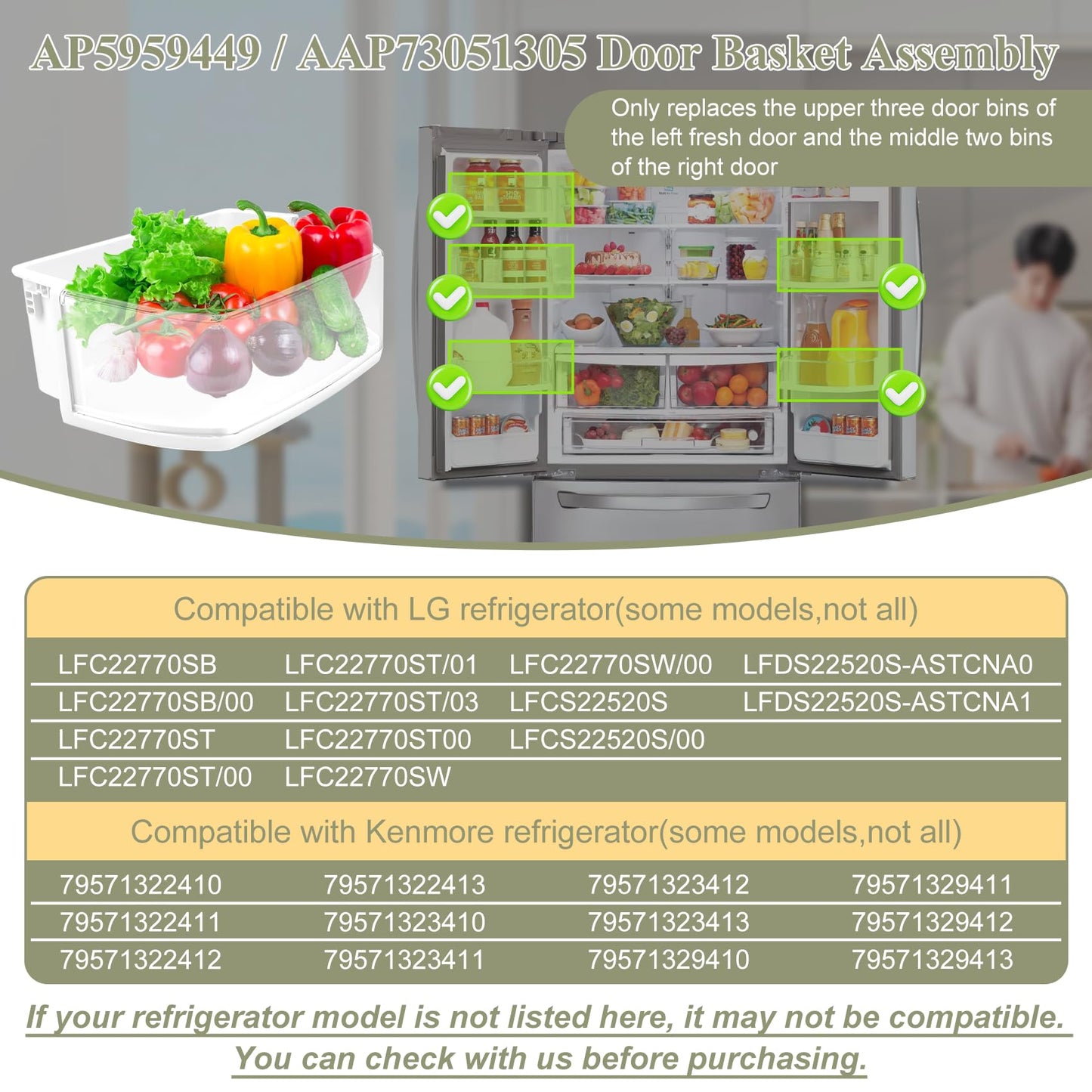 AAP73051305, AP5959449 Door Shelf Bin Compatible with lg, kenmore Refrigerator(some models,not all): LFCS22520S, LFC22770ST, LFC22770SW, LFC22770SB etc, Replacement Door Basket PS11700735, EAP11700735