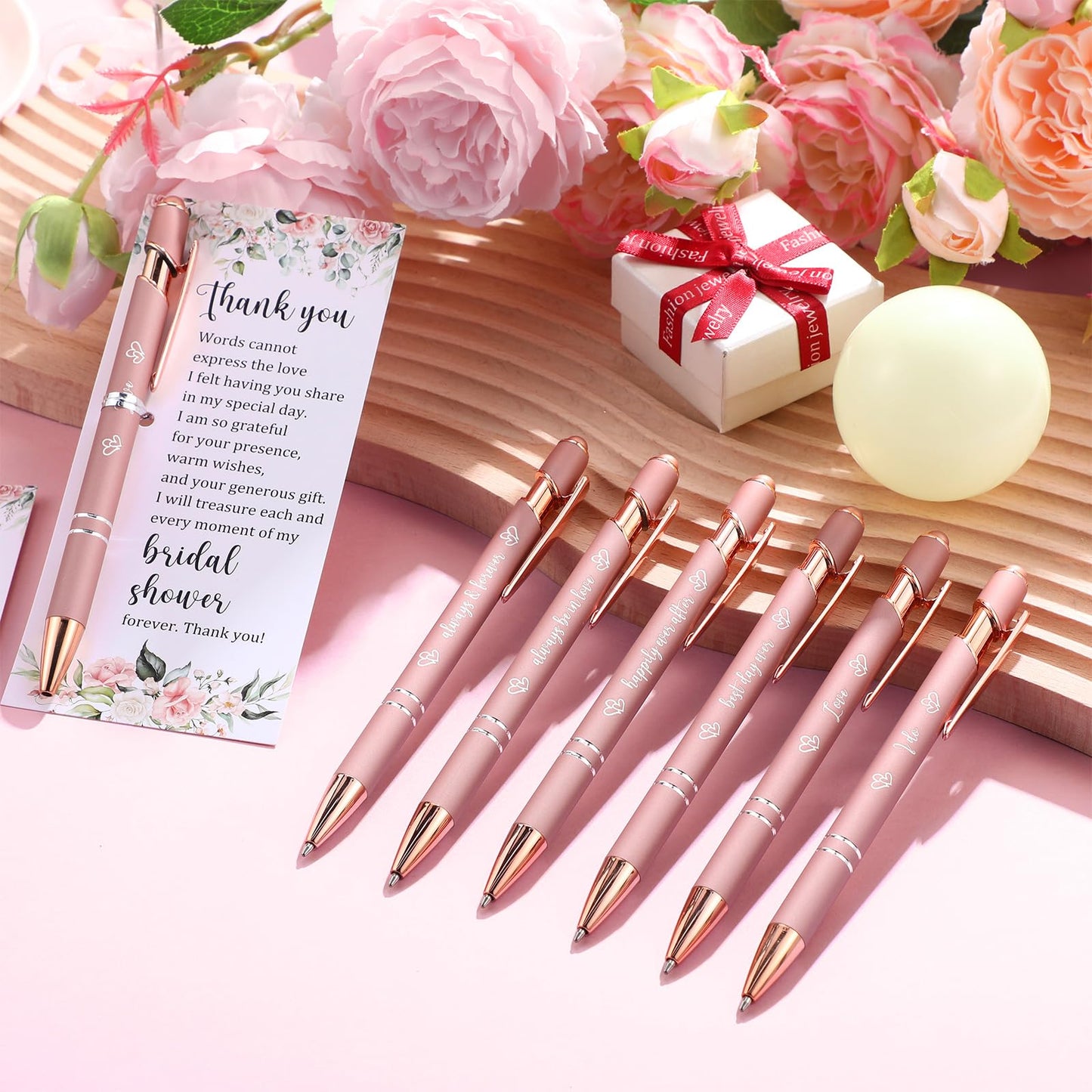 Chiisong 50 Set Bridal Shower Favors for Guests Wedding Rose Gold Pens Bulk with Thank You Cards Bridal Shower Retractable Ballpoint Pen for Guest Party Gifts Prizes Wedding Souvenirs