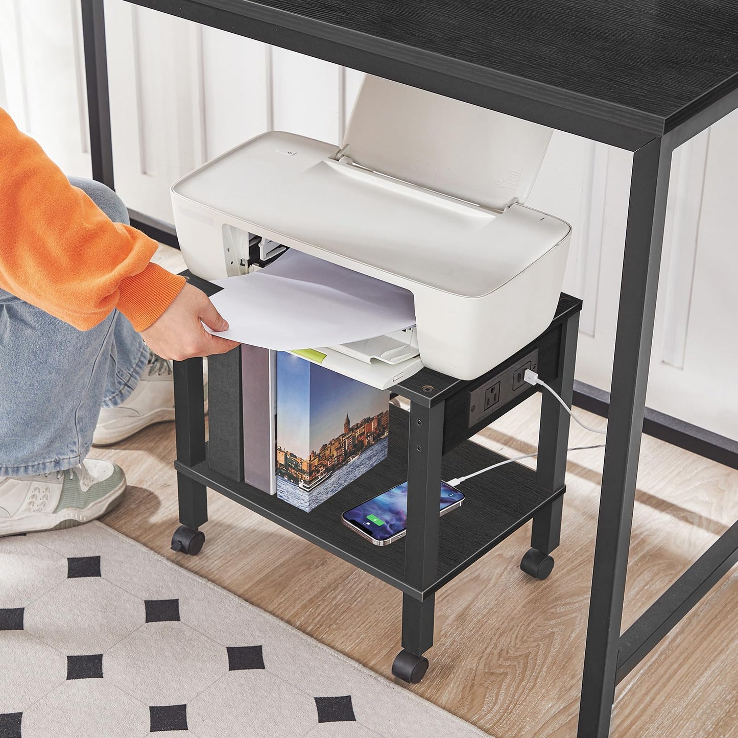 HOOBRO 2-Tier Printer Stand with Charging Station, Under Desk Printer Table, Printer Cart with Storage Shelves, Shelf for Small Spaces, for Home Office, Black BK38UPS01