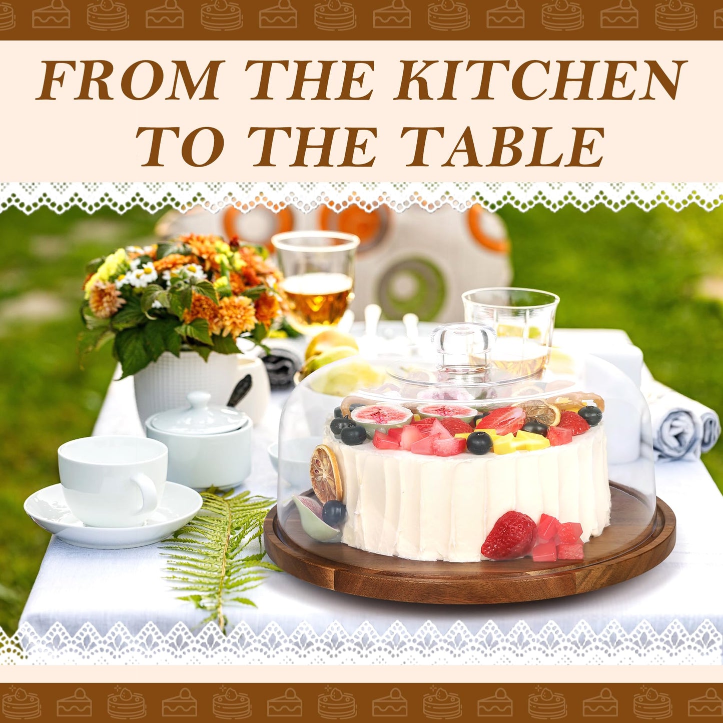 Bellsal Cake Stand with Dome Lid, 12in Acacia Wood Cake Plate with Cover, Wooden Cake Display Stand with Acrylic Dome, Cake Decorating for Baking Gift