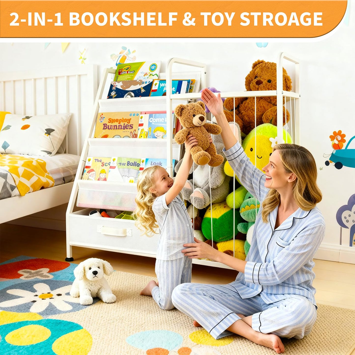 Kids’ Bookshelf & Stuffed Animal Storage – Large White 3-Tier Book Display Rack with Sling Shelves & Fabric Toy Chest | Toy Organizer for Playrooms, Bedrooms, Nurseries