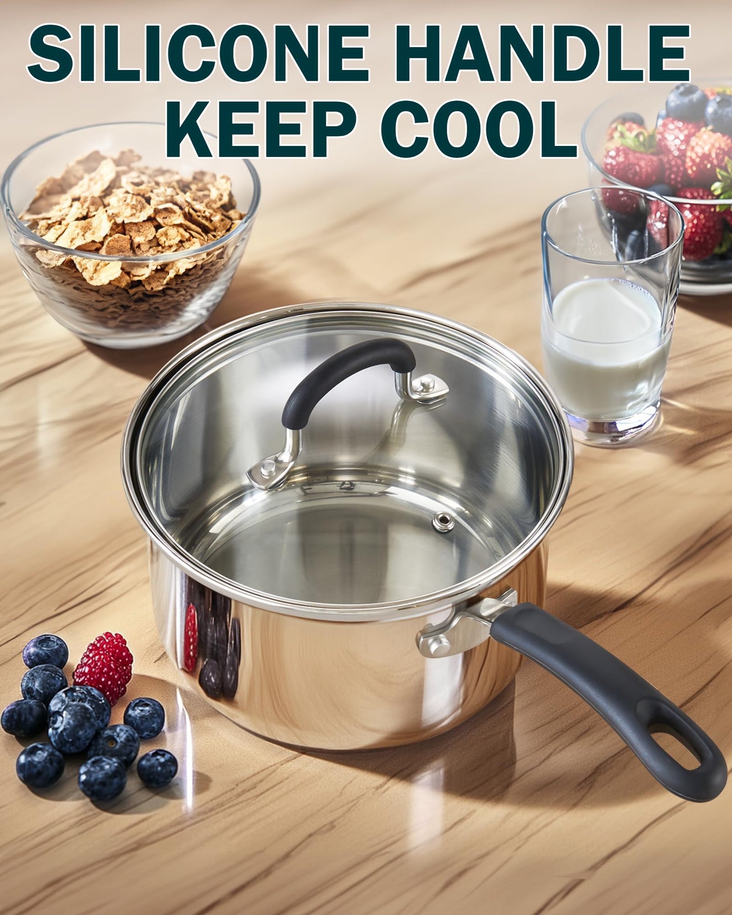Cook N Home Professional Double Boiler Saucepan 2-Quart, 18-10 Stainless Steel Steam Melting Pot for Butter Chocolate Cheese, Tempered Glass Lid, Silver