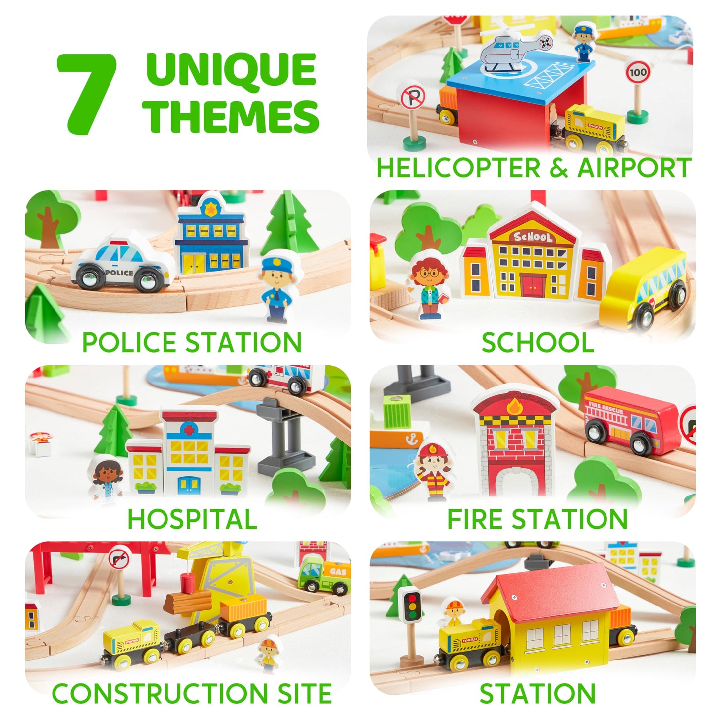 110PCS Wooden Train Set - Urban Journey, City Scene Railway Set with Magnetic Trains, Cars, Helicopter & Ship, Perfect Christmas Birthday Toy Gift for Kids Toddlers Boys Girls Ages 3-8