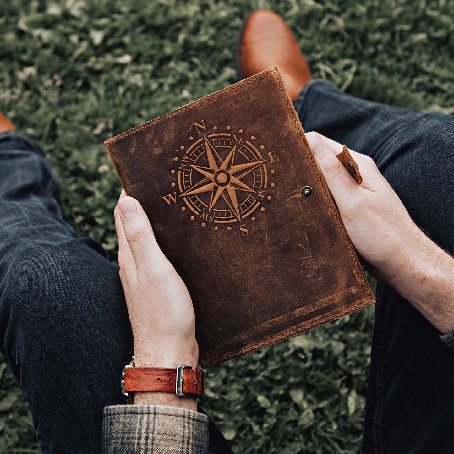 Travel Journal Series by Modest Goods - Refillable Leather Cover and A5 Notebook - Travel Accessories for Men & Women - Great for Traveler Adventure Journal, Vacation Scrapbook, Planner (Compass)