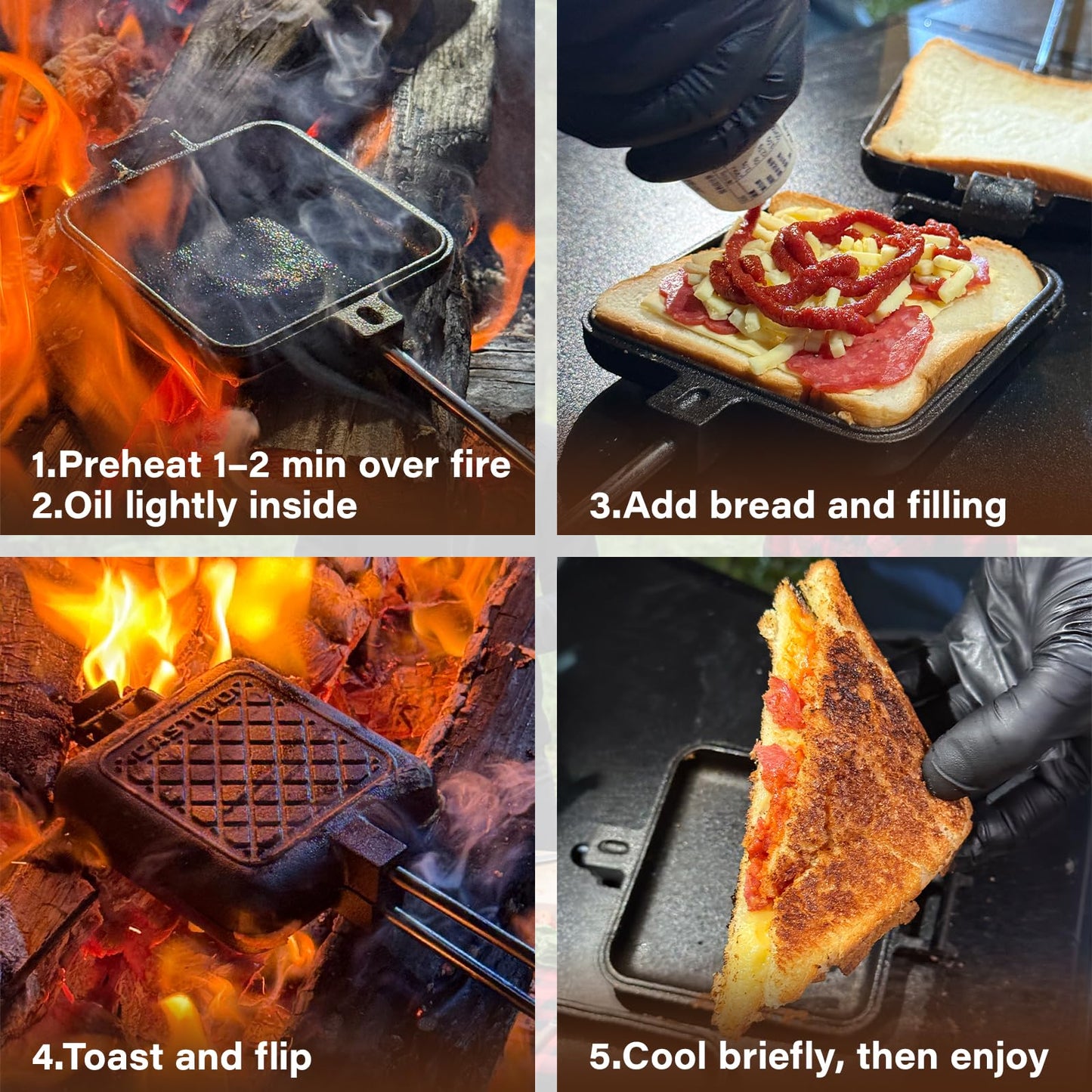 CASTIVO Mountain Pie Maker Cast Iron, Campfire Pie Iron, Hobo Pie Maker for Camping, 2-Pack