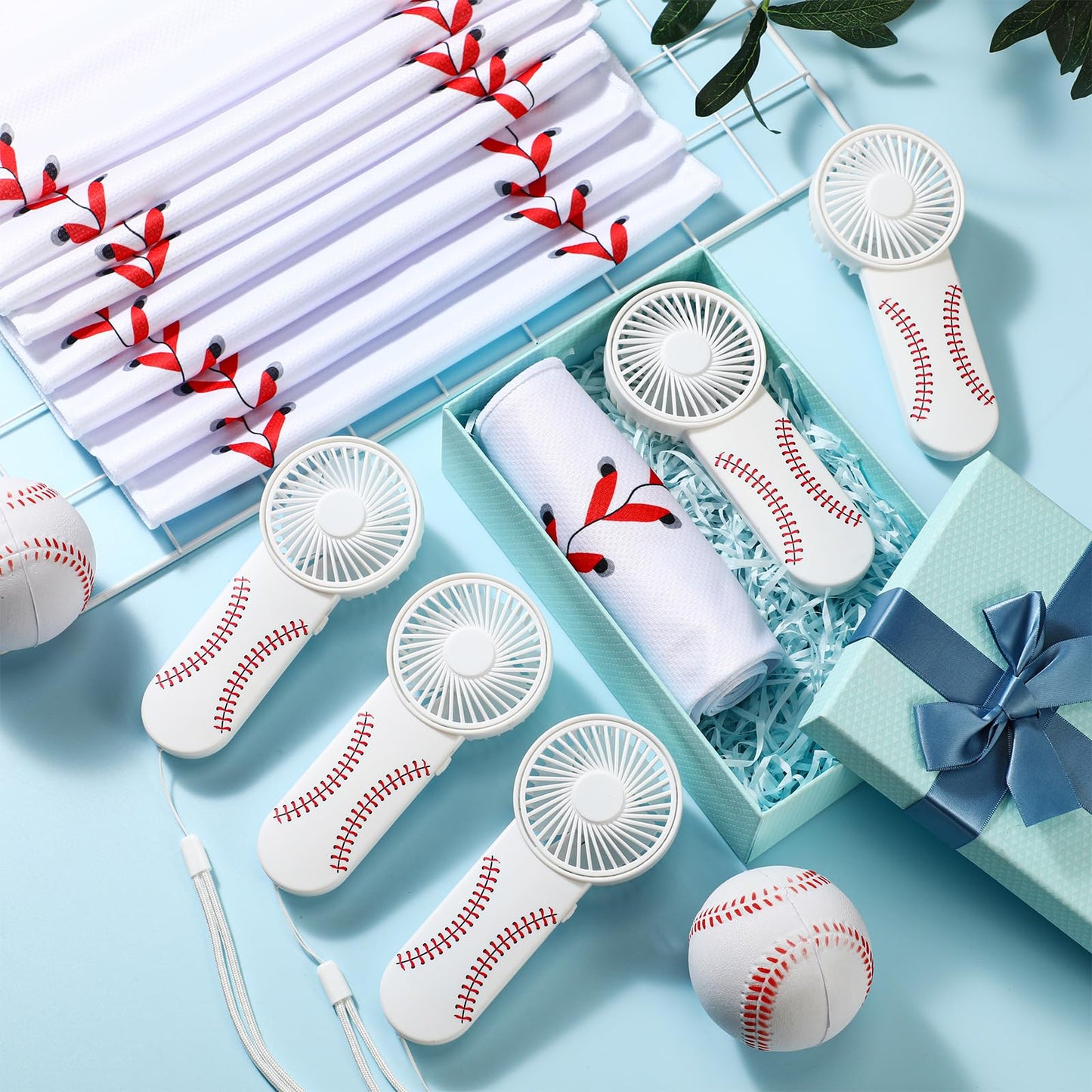 Tujoe 24 Pcs Sport Gifts, Includes 12 Pcs Cooling Towels 40"x12" Workout Towels, 12 Portable Fan Mini Handheld Fan for Team Gift Sport Party Favors, Battery Not Include(White,Baseball)