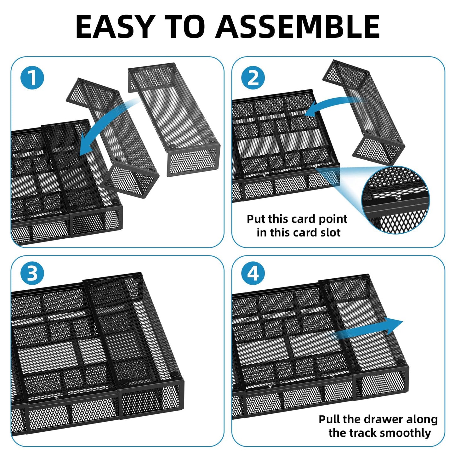 Marbrasse Expandable Desk Drawer Organizer, Mesh Drawer Organizer Tray with 10 Adjustable Compartments, Desk Organizers and Accessories for Office Supplies, Makeup & Vanity (Expandable Black-2 pack)