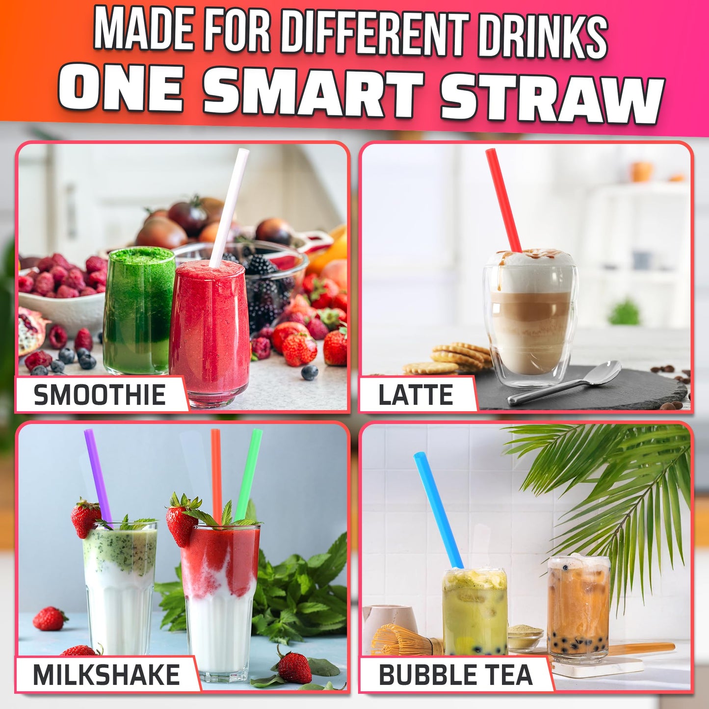 300 Pcs Boba Straws Individually Wrapped - 9.25"x0.4" Wide & Sturdy Jumbo Straws for Smoothies, Iced Coffee, Milkshakes & Bubble Tea - Disposable Boba Straw with Angled Tips, Cut-to-Fit Tall Tumblers