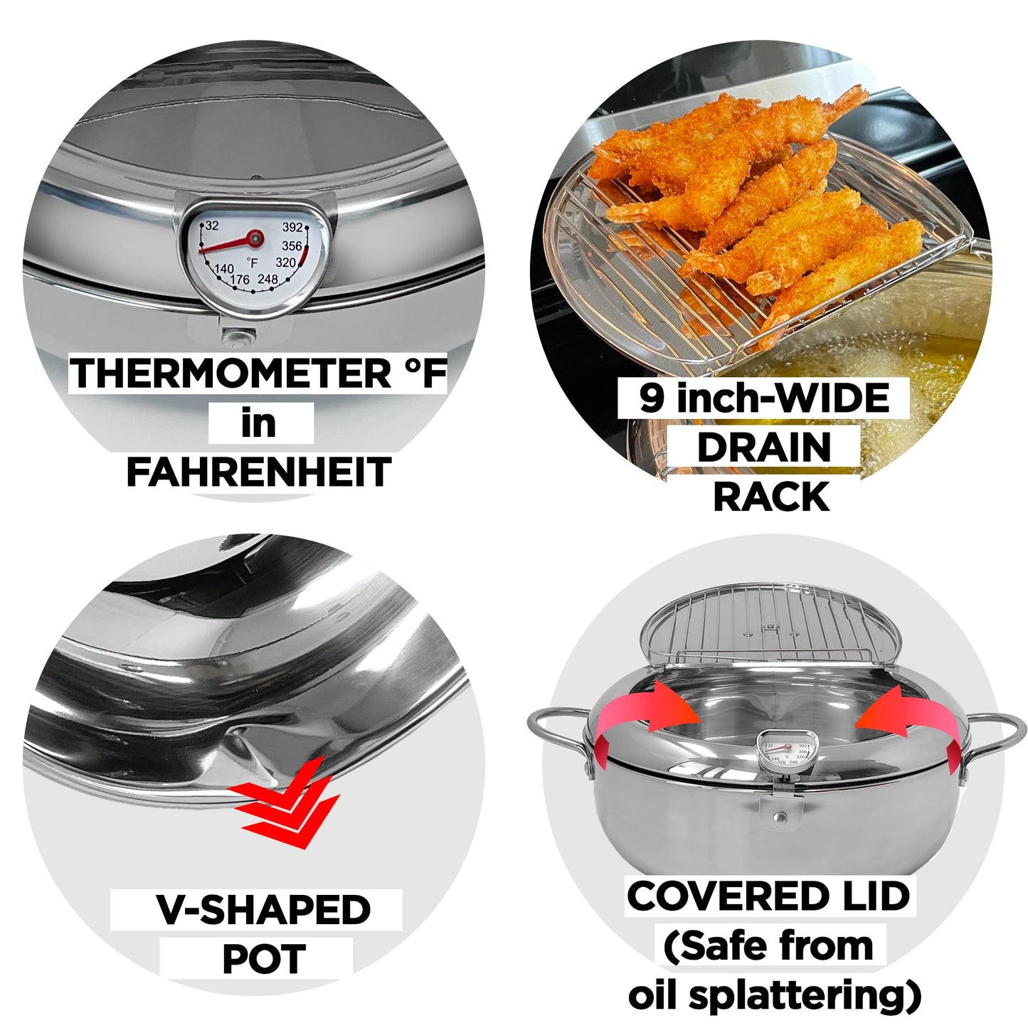 Saltlas Deep Fryer Pot (°F), 11"/4.4Qt (4.2 L) Extra Large Tempura Frying Pot with Lid, 304 Stainless Steel Fry Pot with Fahrenheit Thermometer and Oil Drip Drain Rack