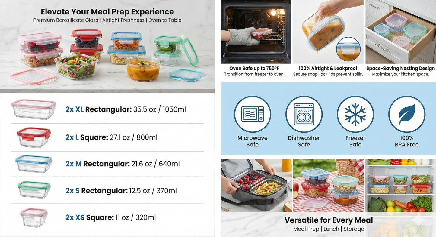 Bo-Toys 20 Pc Glass Food Storage Containers with Snap Lock Lids, Airtight & Leakproof, Bonus 2 Oven Silicone Gloves, Safe for Dishwasher, Oven, Microwave,Freezer, BPA Free