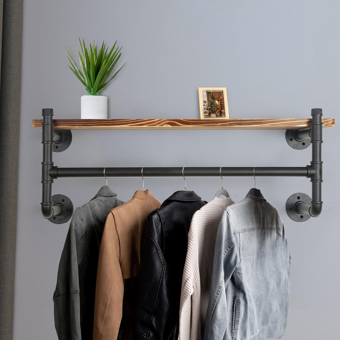 WEBI Wall Mounted Clothes Rack with Shelf,24" Industrial Pipe Clothing Rack with Shelves,Heavy Duty Iron Garment Bar,Retail Display Clothes Rod for Laundry Room,Black