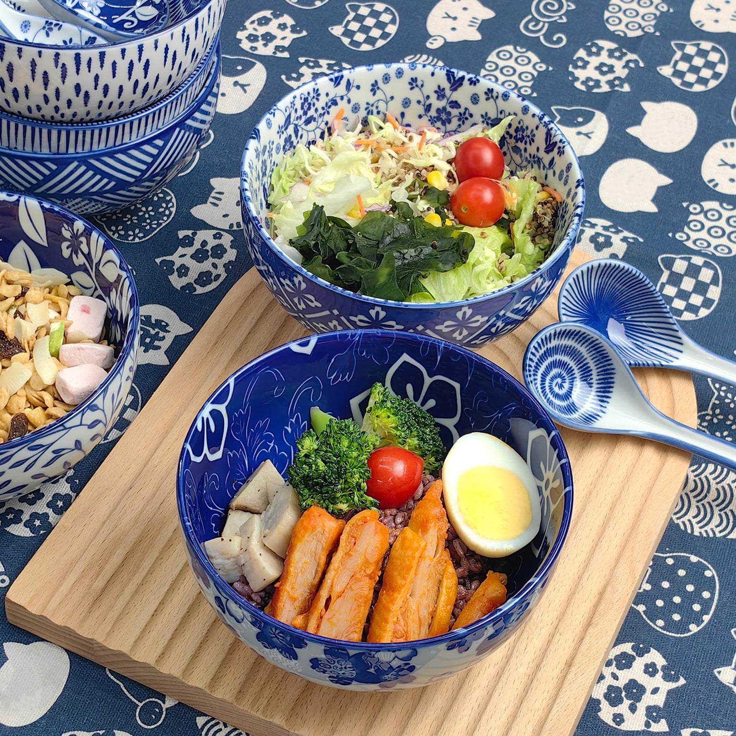 KeQiu Japanese Ceramic Bowls Set of 6, 28 Oz Large Asian Porcelain Ramen Soup Salad Cereal Noodle Bowl with 6 Spoons, Deep Bowl for Kitchen Decor and Housewarming Gift, Dishwasher & Microwave Safe