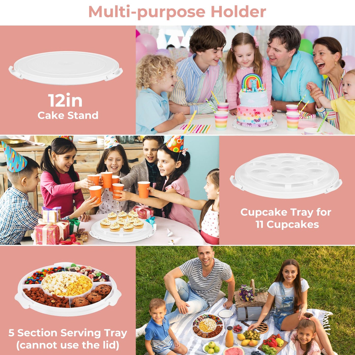 12in Extra Large Cake Carrier with Lid and Handle, Holds up to 12" round 7" high cake, Portable Cake Container for Transport Pies, Cupcakes, Cakes and More