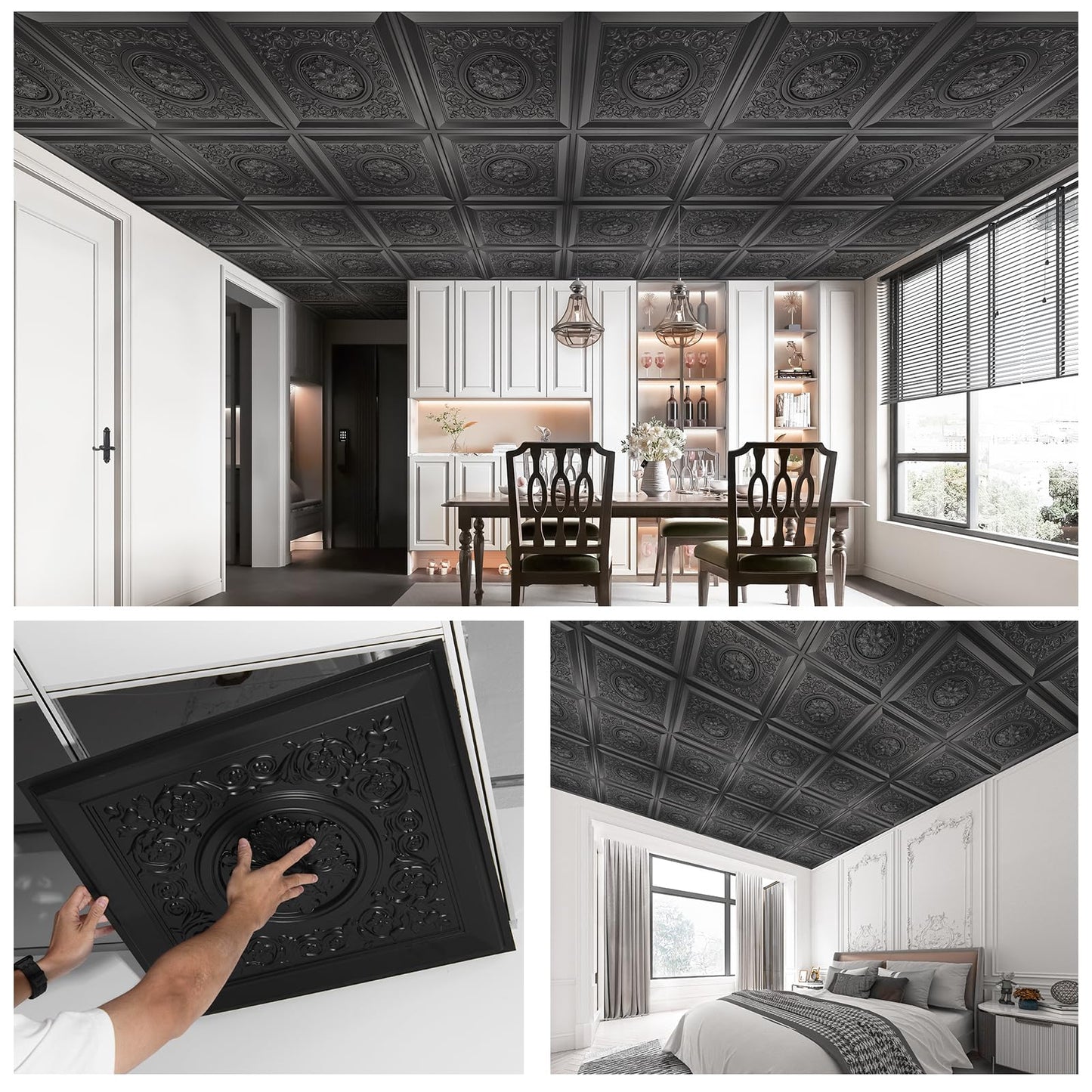 WOWSTAR 12-Pack 24"x24" Drop Ceiling Tiles, Waterproof Glue Up Vintage Style 3D Ceiling Tiles, Black