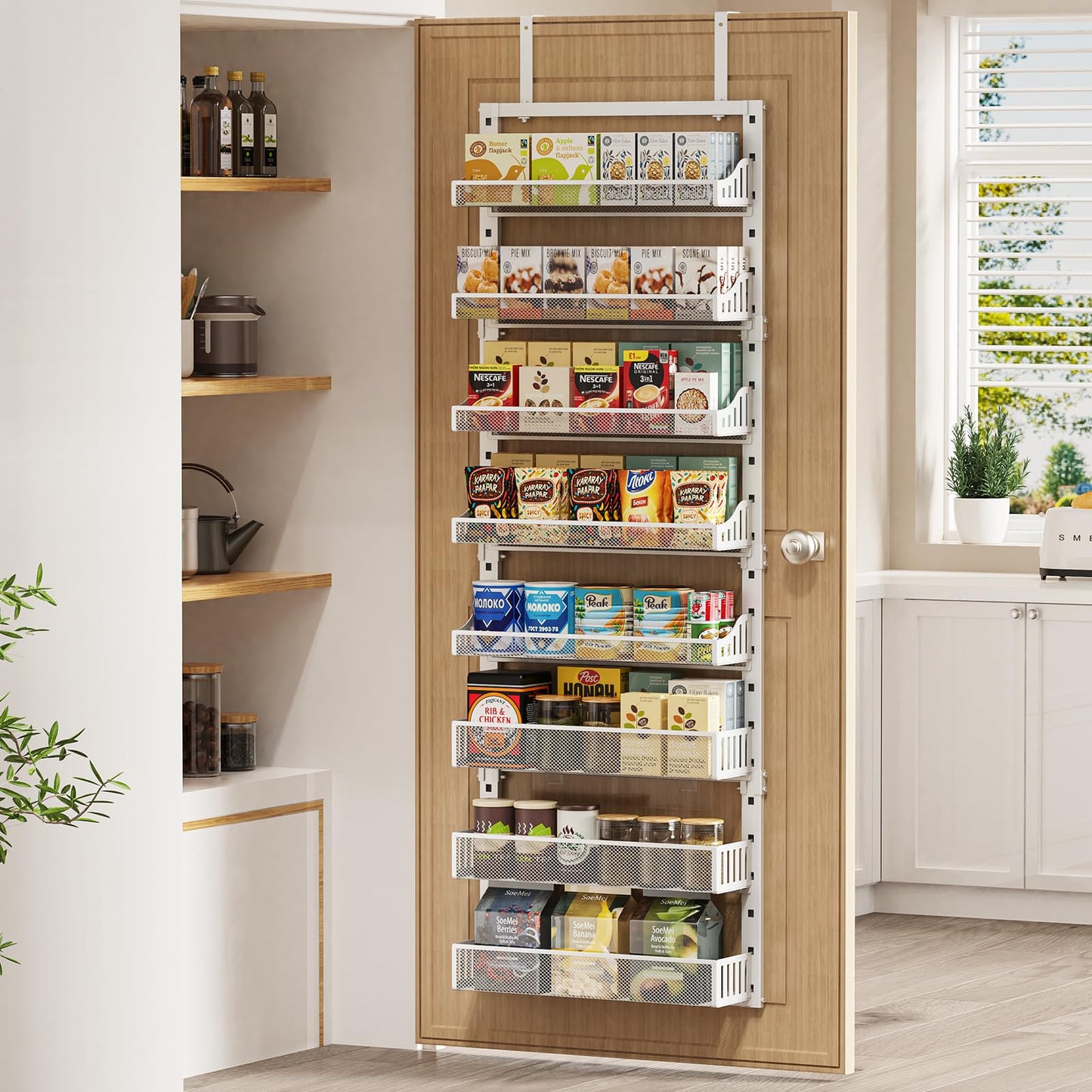 POKIPO Over the Door Pantry Organizer 8-Tier, Large Metal Door Spice Rack with Adjustable Basket, 2 in 1 Wall Mount or Hanging Heavy-Duty Pantry Door Storage Shelf for Kitchen and Bathroom, White