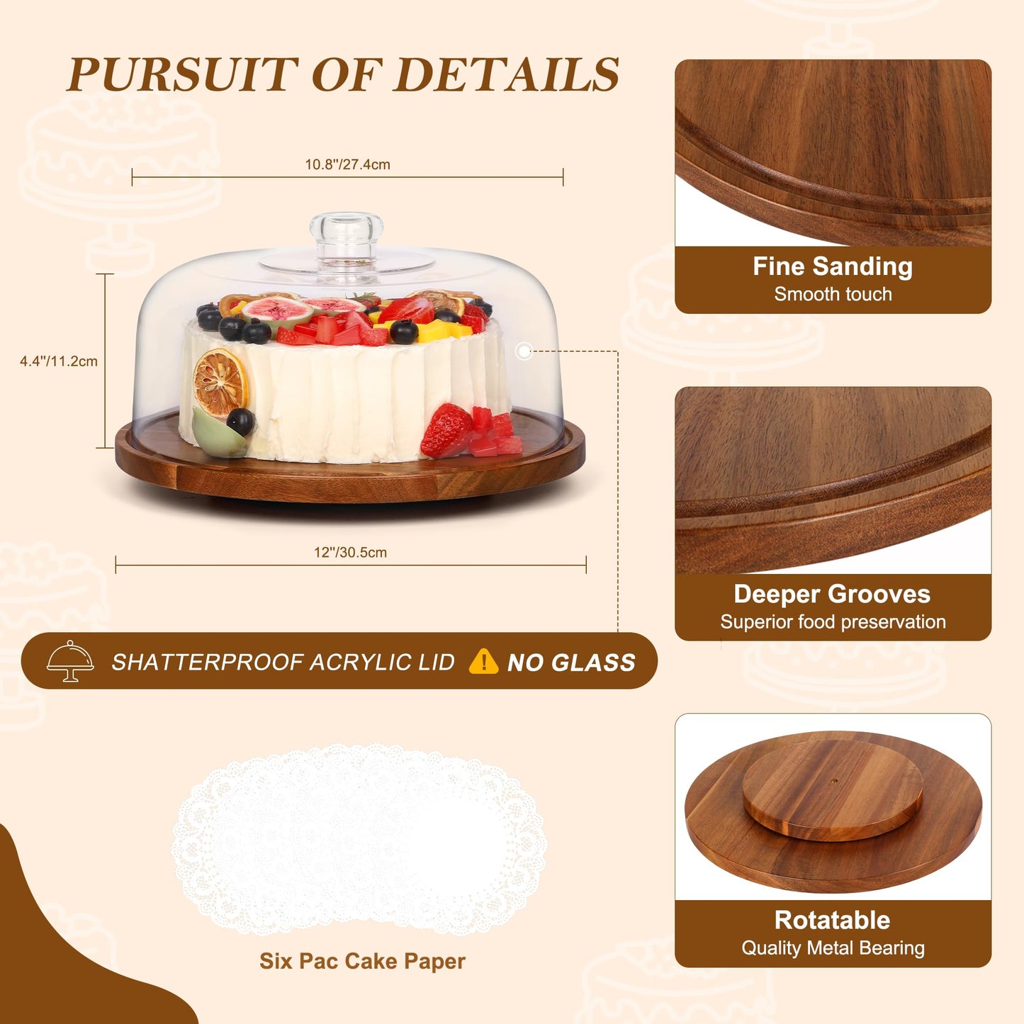 Bellsal Cake Stand with Dome Lid, 12in Acacia Wood Cake Plate with Cover, Wooden Cake Display Stand with Acrylic Dome, Cake Decorating for Baking Gift