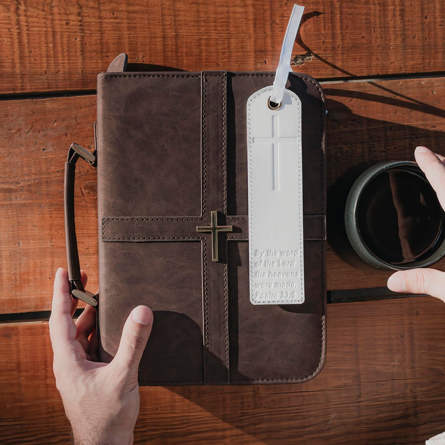 Bible Cover (U.S. Patent Pending), Discreet & Elegant Bible Case, Brown PU Leather Bible Cover, Cross Design Bible Bags, Strong and Sturdy Book Case, Includes Premium Bookmark