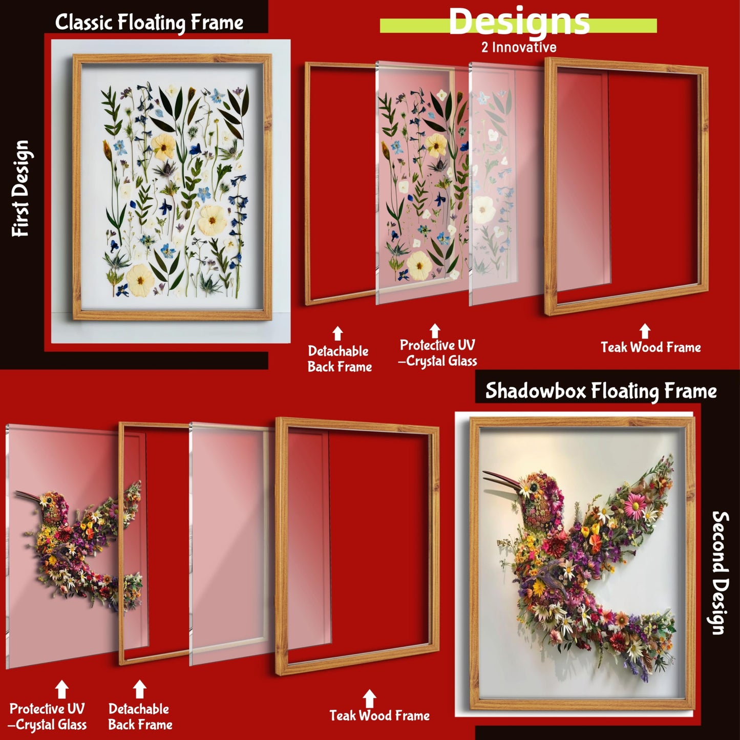 Volakk Floating Frames 16x20 Walnut Wood Shadow Box Frame For Pressed Flower Floater Double UV Glass Pressed Flower Floating Frame 20x24 Bouquet Frames For Wedding Memory