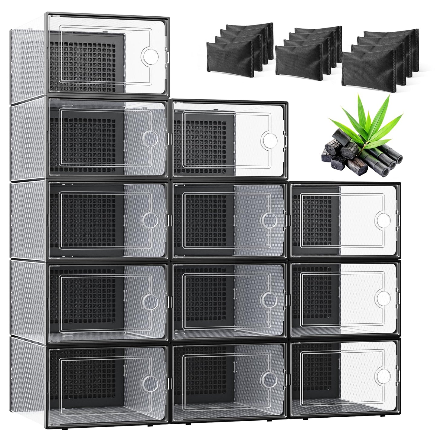 Kuject XL Shoe Boxes with Activated Charcoal, 12 Pack Stackable Plastic Clear Shoe Storage Boxes, Fresh Storage, Fits Men 11 Women 12, Sneaker Organizer Display Case for Closet, Entryway, Black
