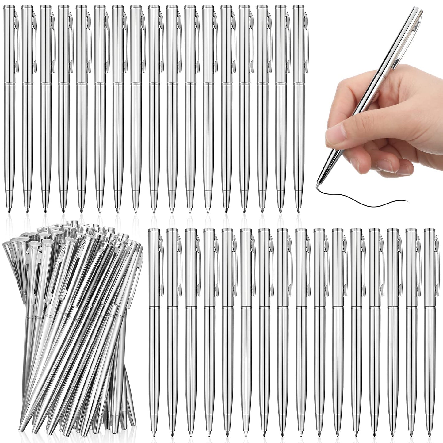 Lincia 100 Pieces Silver Slim Metal Ballpoint Pen 1 mm Medium Black Ink Smooth Writing Silver Retractable Point Metal Pen for Graduation Office Business Students Teachers Wedding Guest(Stylish)