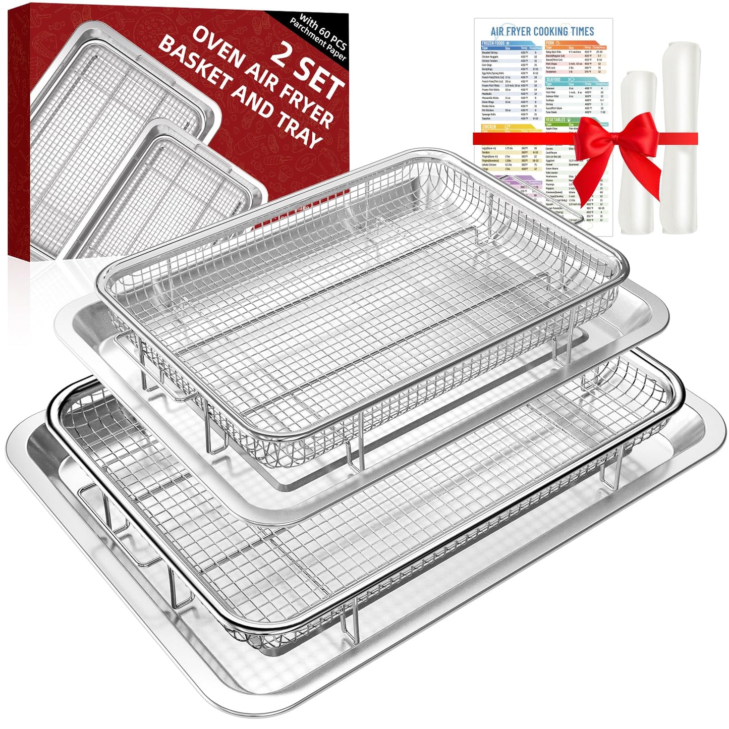 Air Fryer Basket for Oven, 2 Set Oven Air Fryer Basket and Tray with Cooking Guide&60 PCS Parchment Papers,DEGOVIN Crisper Tray Non-stick Stainless Steel Air Fry Pans for Convection Oven(Large+Medium)