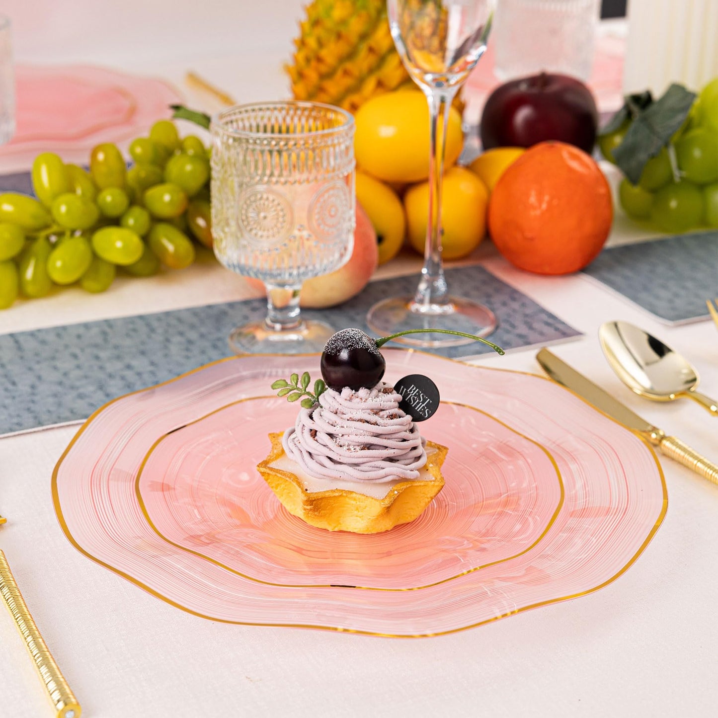 Pryntono 120PCS Pink Plastic Plates with Gold Rim, Heavy Duty Disposable Plates, Elegant and Fancy 60 Dinner and 60 Dessert Plates for Party and Wedding